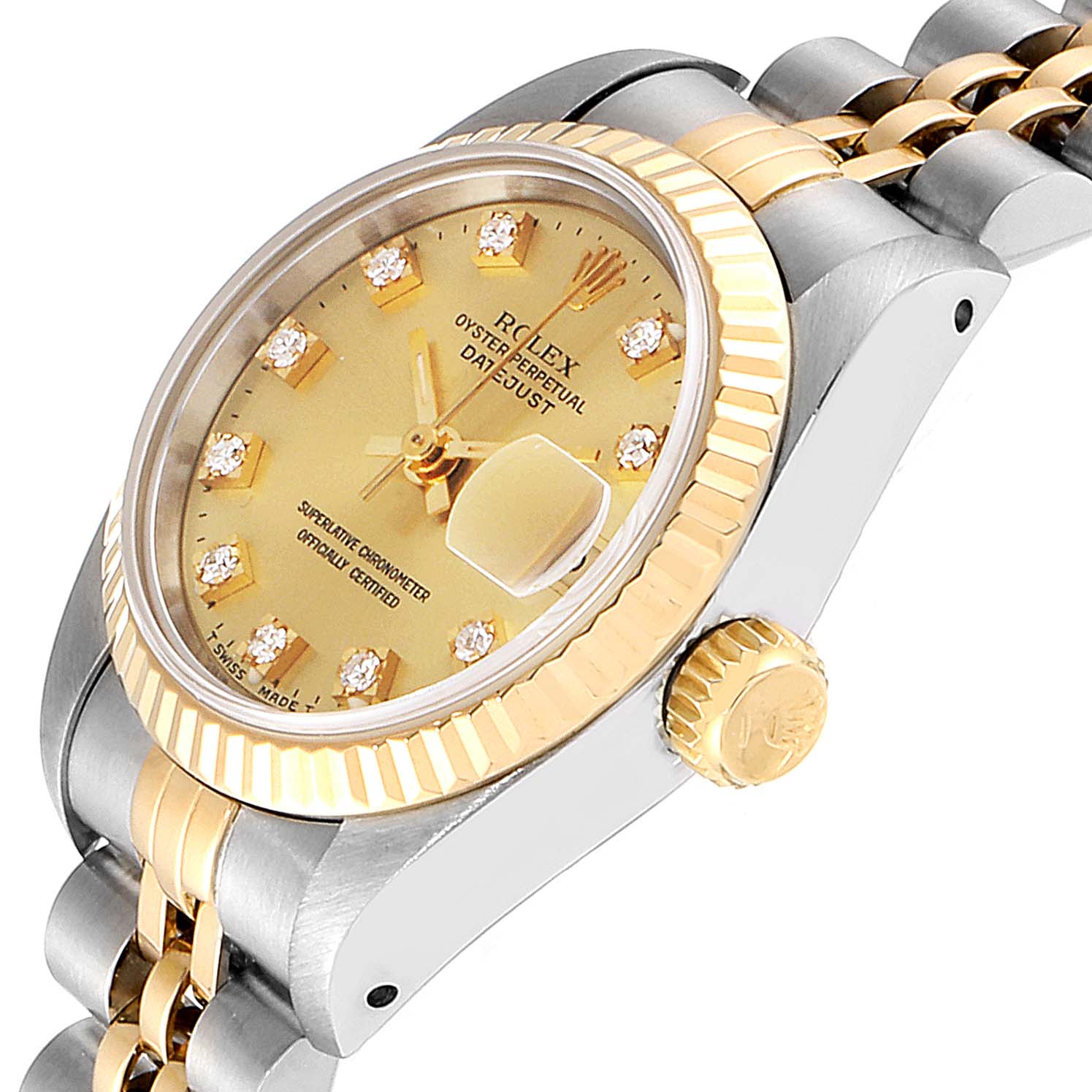 This image shows a close-up side angle of the Rolex Datejust 69173 Women
s Steel and Gold (two tone) Champagne Dial 69173 Women
s Steel and Gold (two tone) Champagne Dial, highlighting the gold dial, diamond markers, crown, and two-tone bracelet.