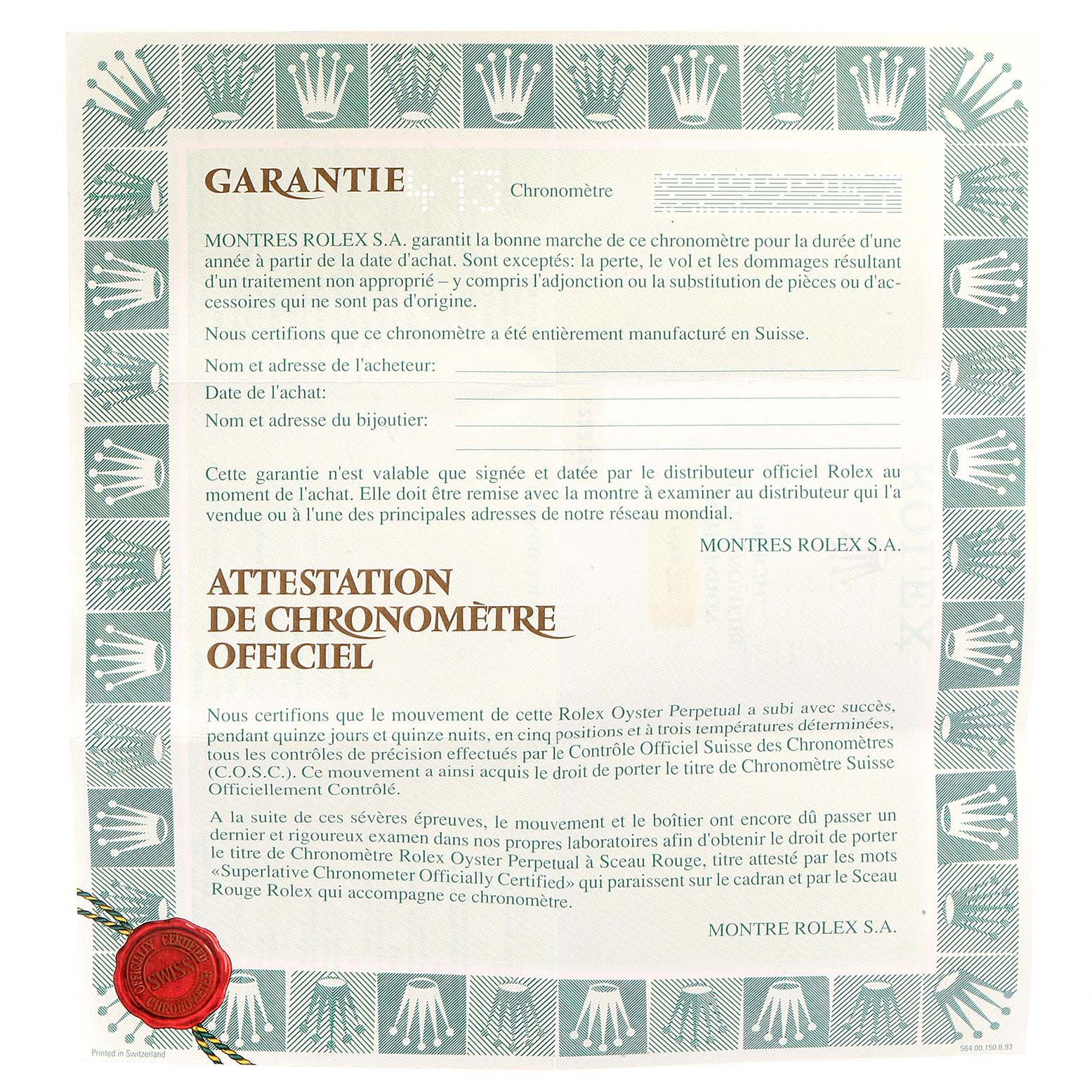 This image shows the official warranty certificate and chronometer certification for the Rolex Datejust 69173 Women
s Steel and Gold (two tone) Champagne Dial 69173 Women
s Steel and Gold (two tone) Champagne Dial model.