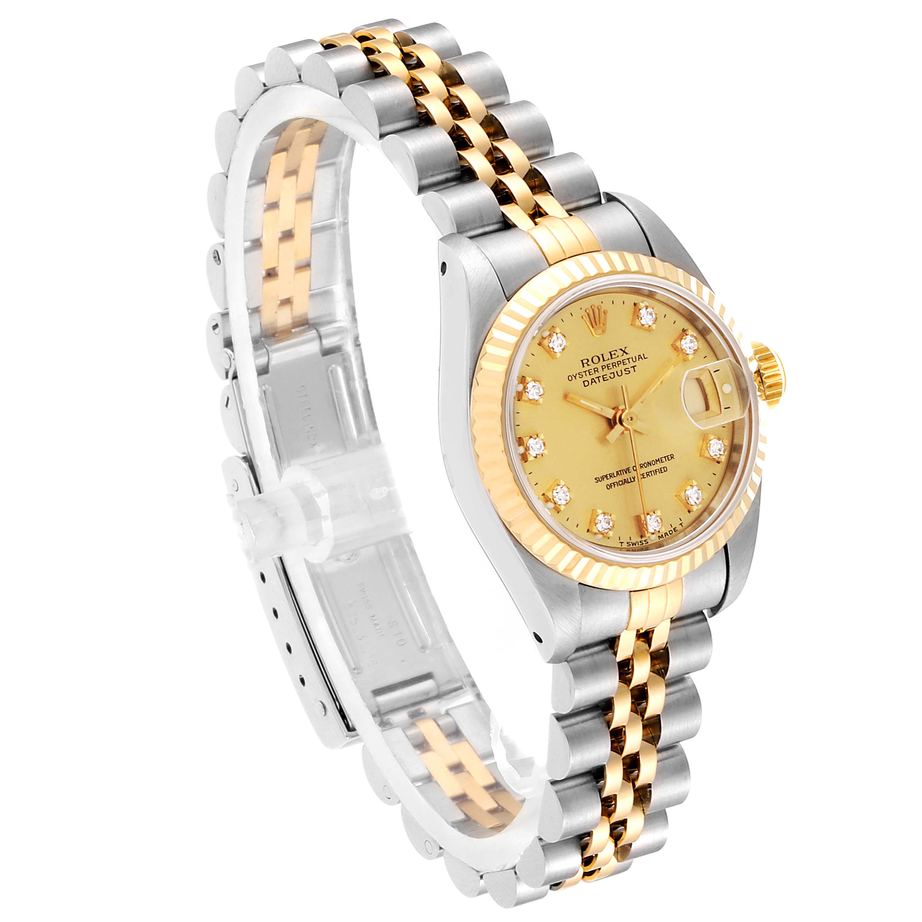 This Rolex Datejust 69173 Women
s Steel and Gold (two tone) Champagne Dial 69173 Women
s Steel and Gold (two tone) Champagne Dial watch is shown at an angle highlighting its face, bezel, and bracelet in a mix of gold and silver tones.