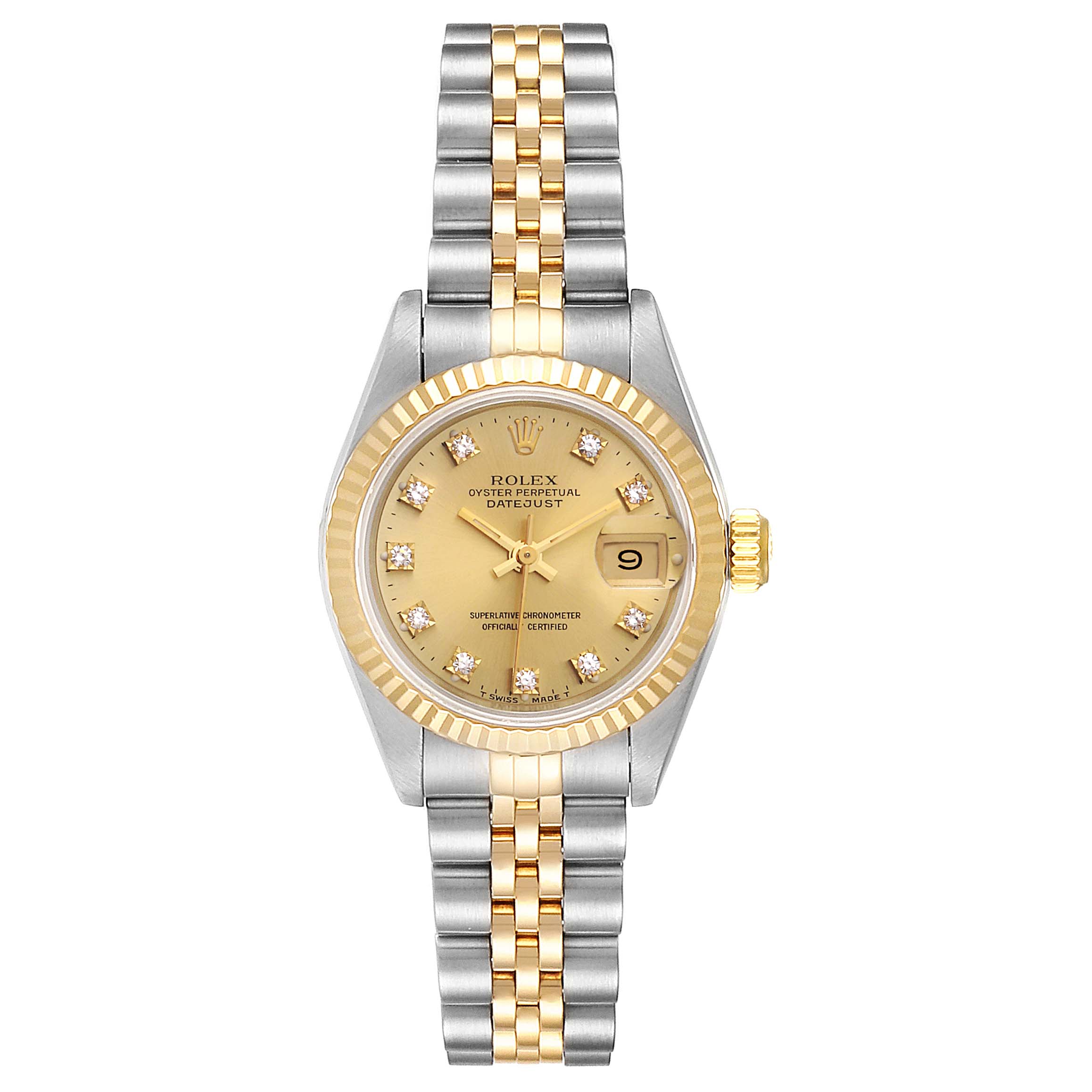The Rolex Datejust 69173 Women
s Steel and Gold (two tone) Champagne Dial 69173 Women
s Steel and Gold (two tone) Champagne Dial watch is shown from a top view, highlighting the dial, bezel, and two-tone bracelet.