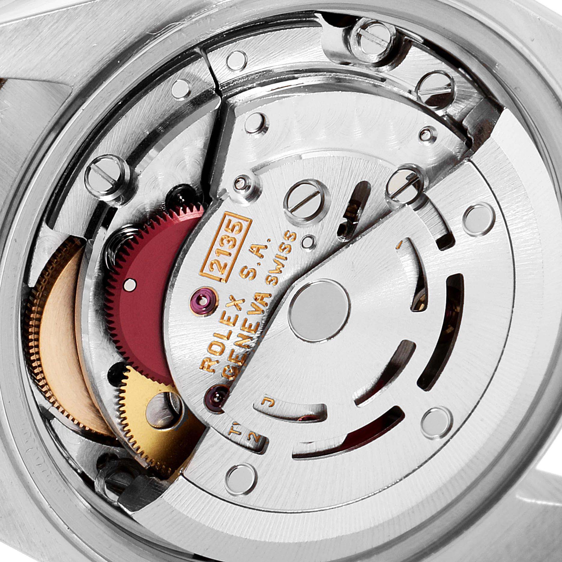 This is an angled close-up view of the movement inside a Rolex Datejust 69173 Women
s Steel and Gold (two tone) White Dial 69173 Women
s Steel and Gold (two tone) White Dial watch.