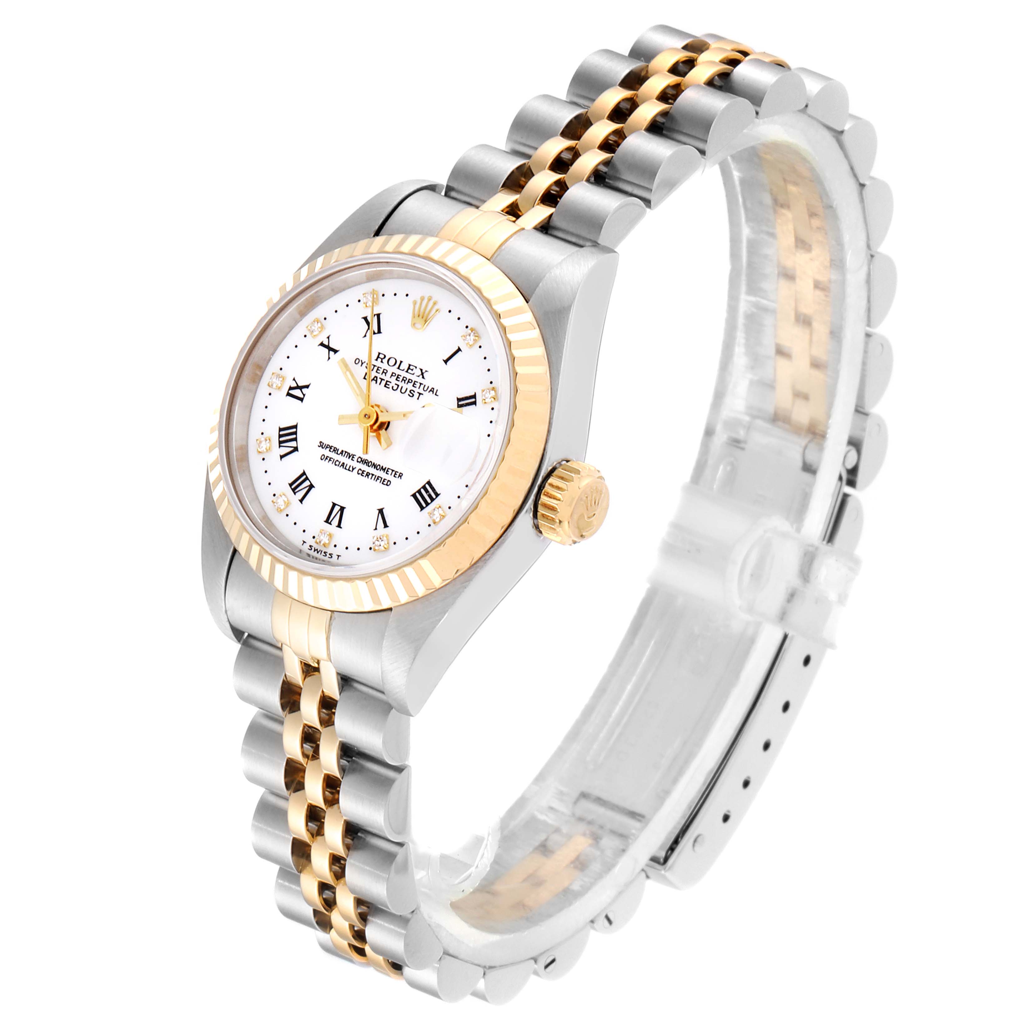 This image shows a Rolex Datejust 69173 Women
s Steel and Gold (two tone) White Dial 69173 Women
s Steel and Gold (two tone) White Dial watch angled slightly from the front, highlighting the bracelet, watch face, and dial.