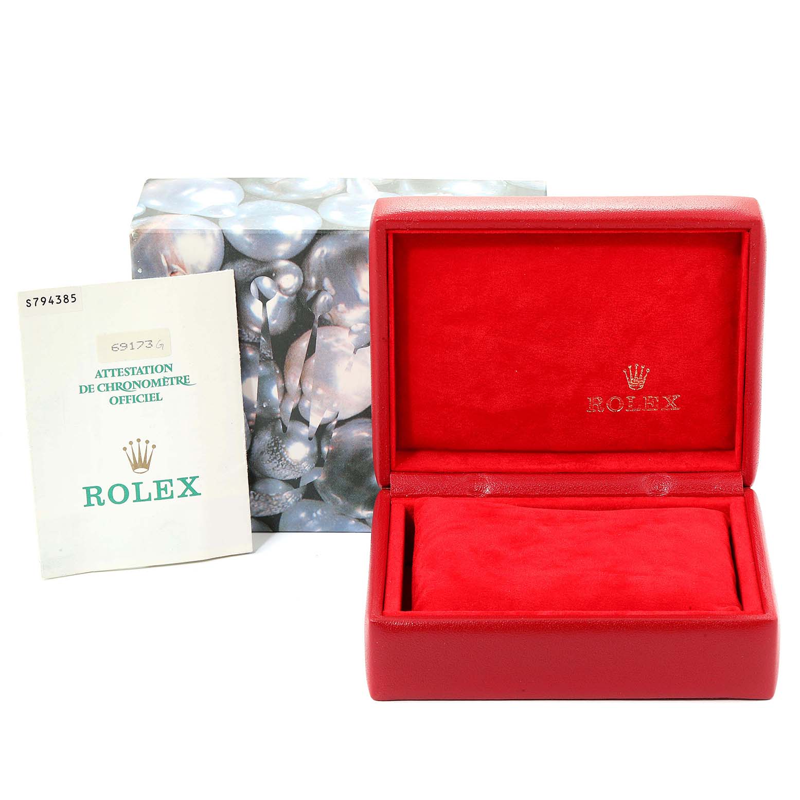 The image shows a Rolex Datejust 69173 Women
s Steel and Gold (two tone) White Dial 69173 Women
s Steel and Gold (two tone) White Dial watch box and certificate from a front angle.