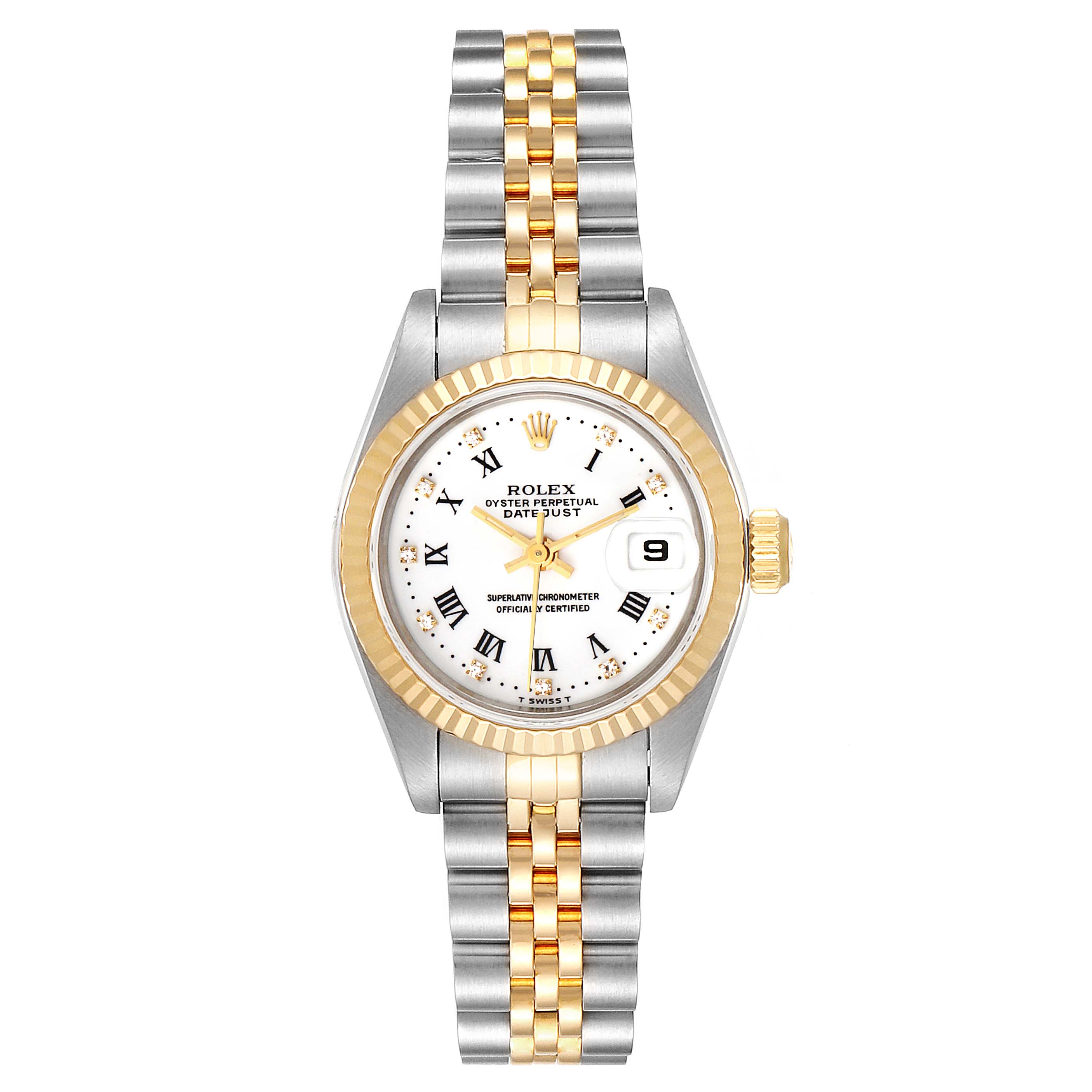 This image shows a frontal view of a Rolex Datejust 69173 Women
s Steel and Gold (two tone) White Dial 69173 Women
s Steel and Gold (two tone) White Dial watch, displaying the face, bezel, and bracelet.