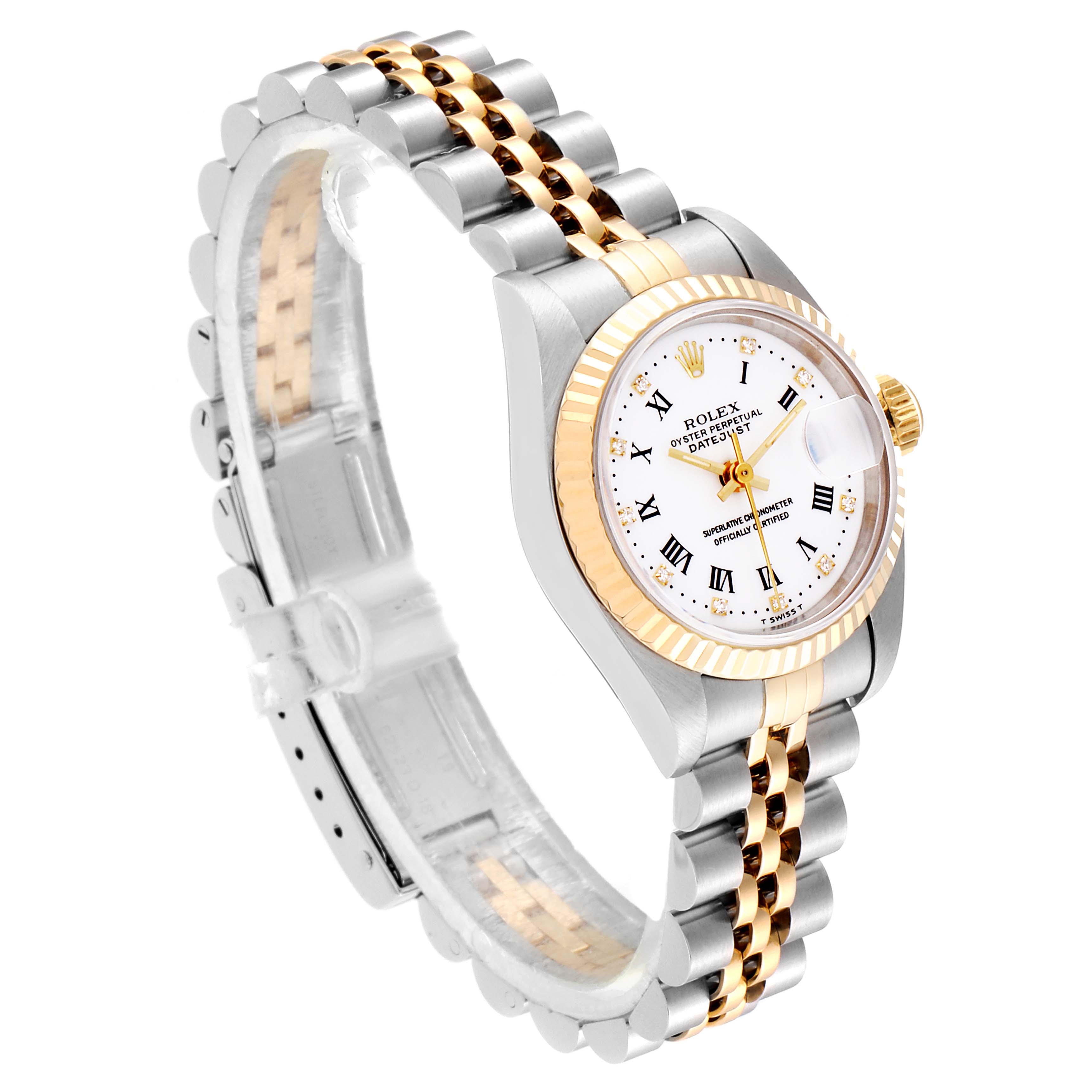 This image shows a Rolex Datejust 69173 Women
s Steel and Gold (two tone) White Dial 69173 Women
s Steel and Gold (two tone) White Dial watch at a three-quarter angle, detailing its dial, bezel, bracelet, and clasp.