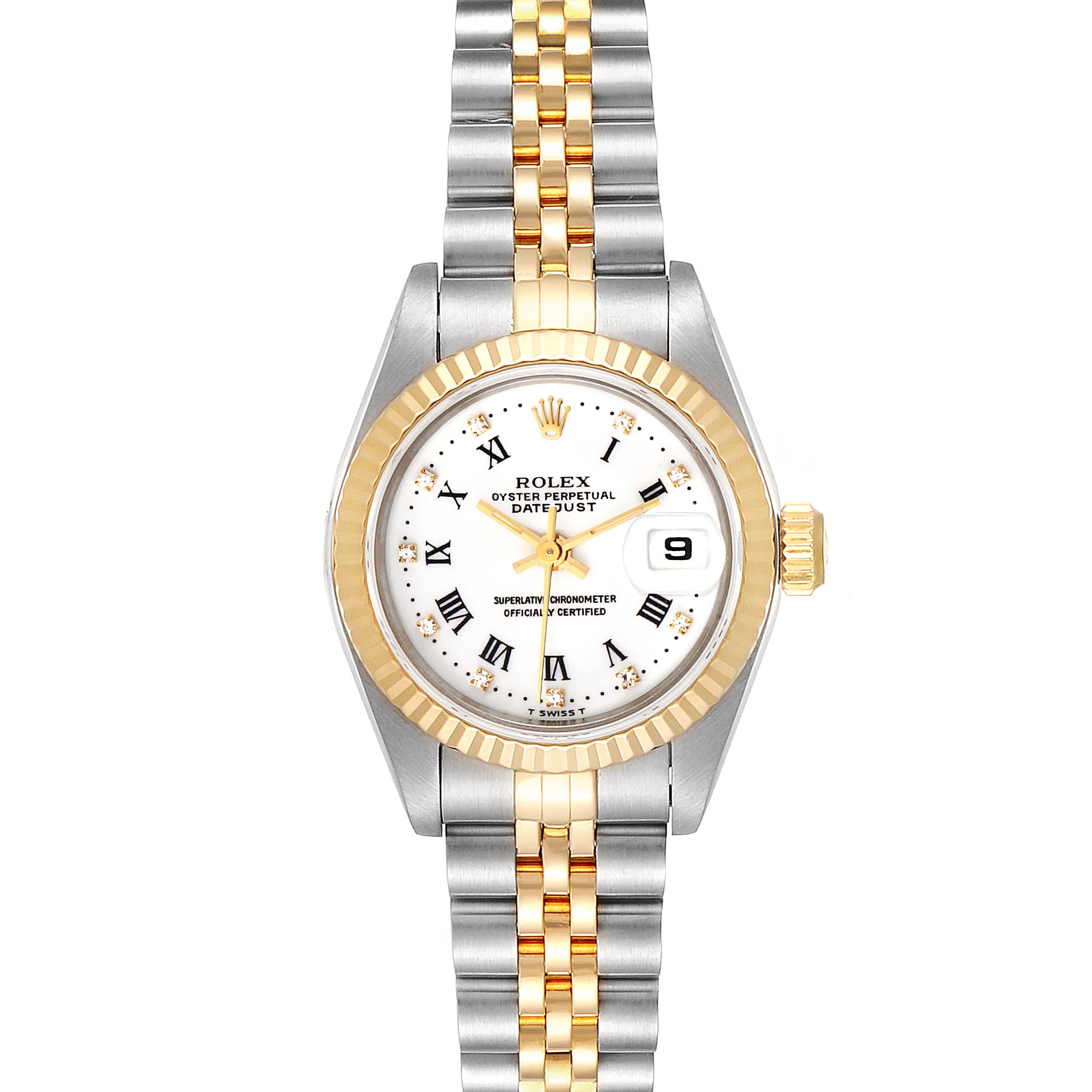 This image shows a frontal view of a Rolex Datejust 69173 Women
s Steel and Gold (two tone) White Dial 69173 Women
s Steel and Gold (two tone) White Dial watch, including the face, bezel, and bracelet.