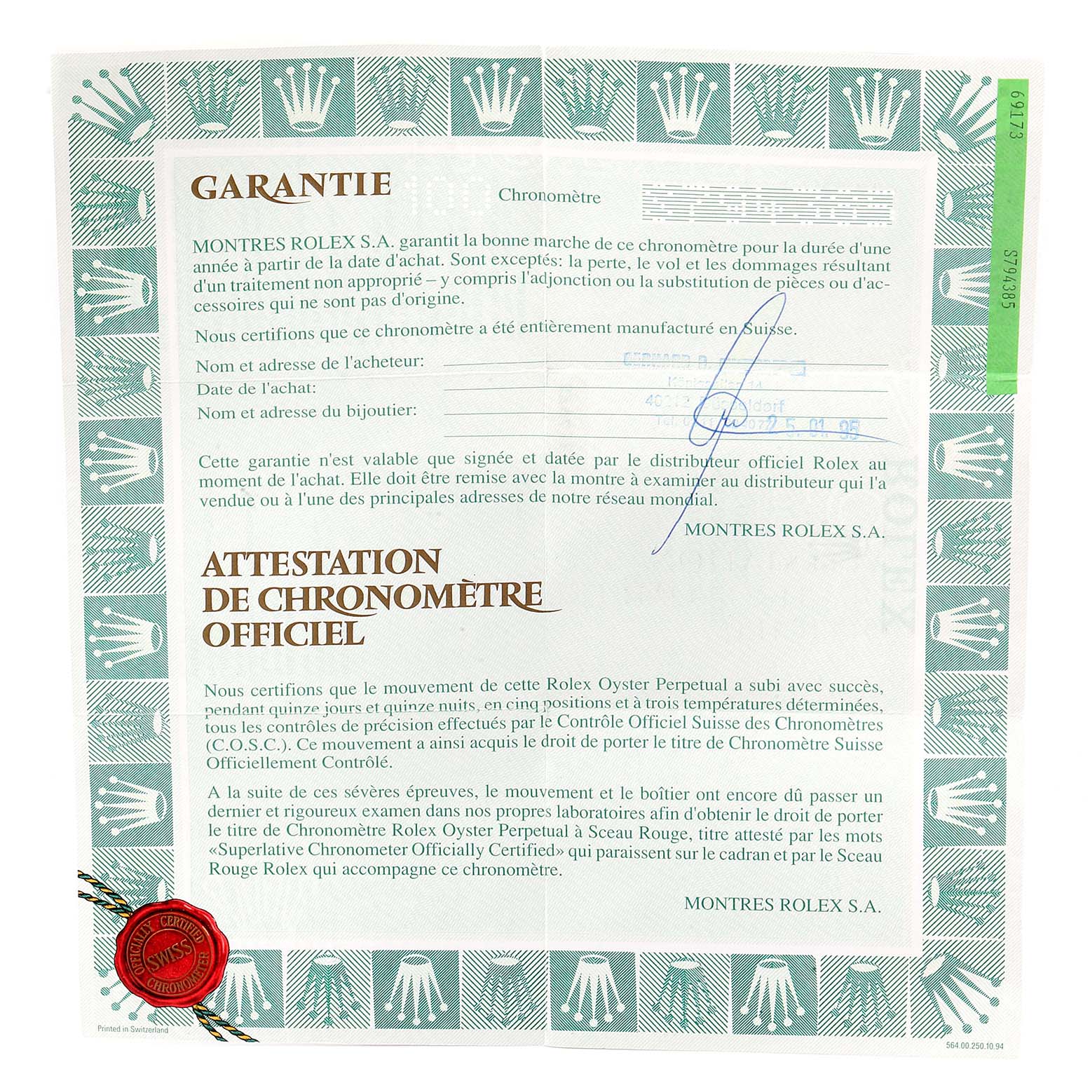 The image shows a warranty certificate for a Rolex Datejust 69173 Women
s Steel and Gold (two tone) White Dial 69173 Women
s Steel and Gold (two tone) White Dial watch, featuring official attestations and green-bordered edges.