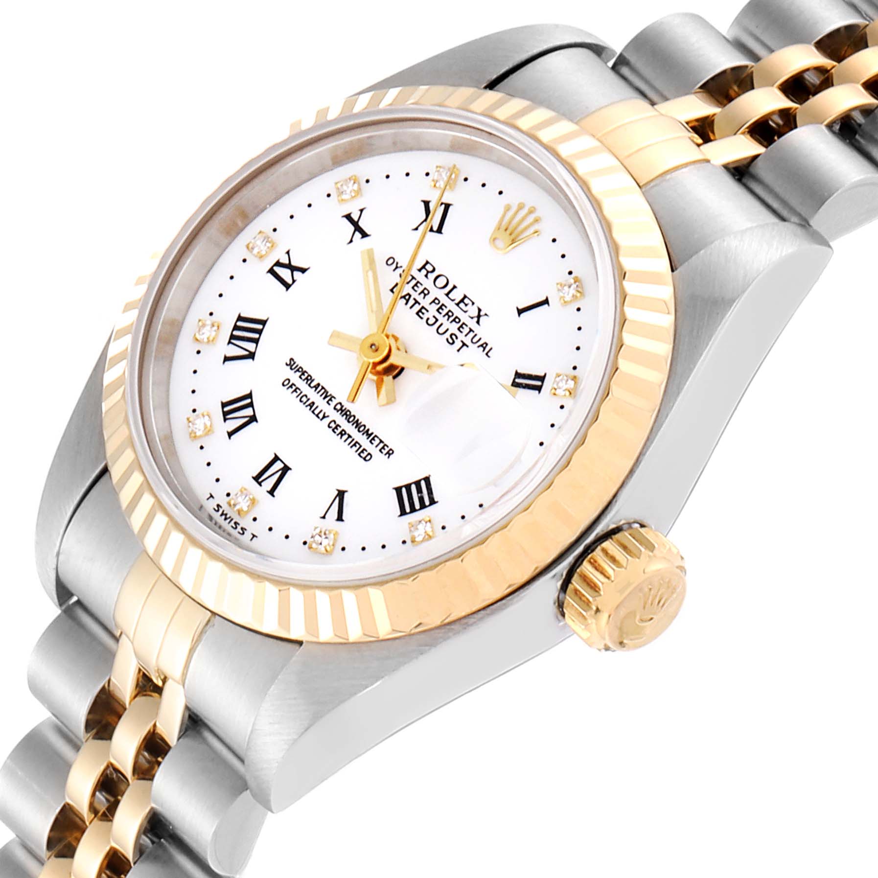 The image shows the face, bezel, crown, and part of the bracelet of a Rolex Datejust 69173 Women
s Steel and Gold (two tone) White Dial 69173 Women
s Steel and Gold (two tone) White Dial watch at an angled view.