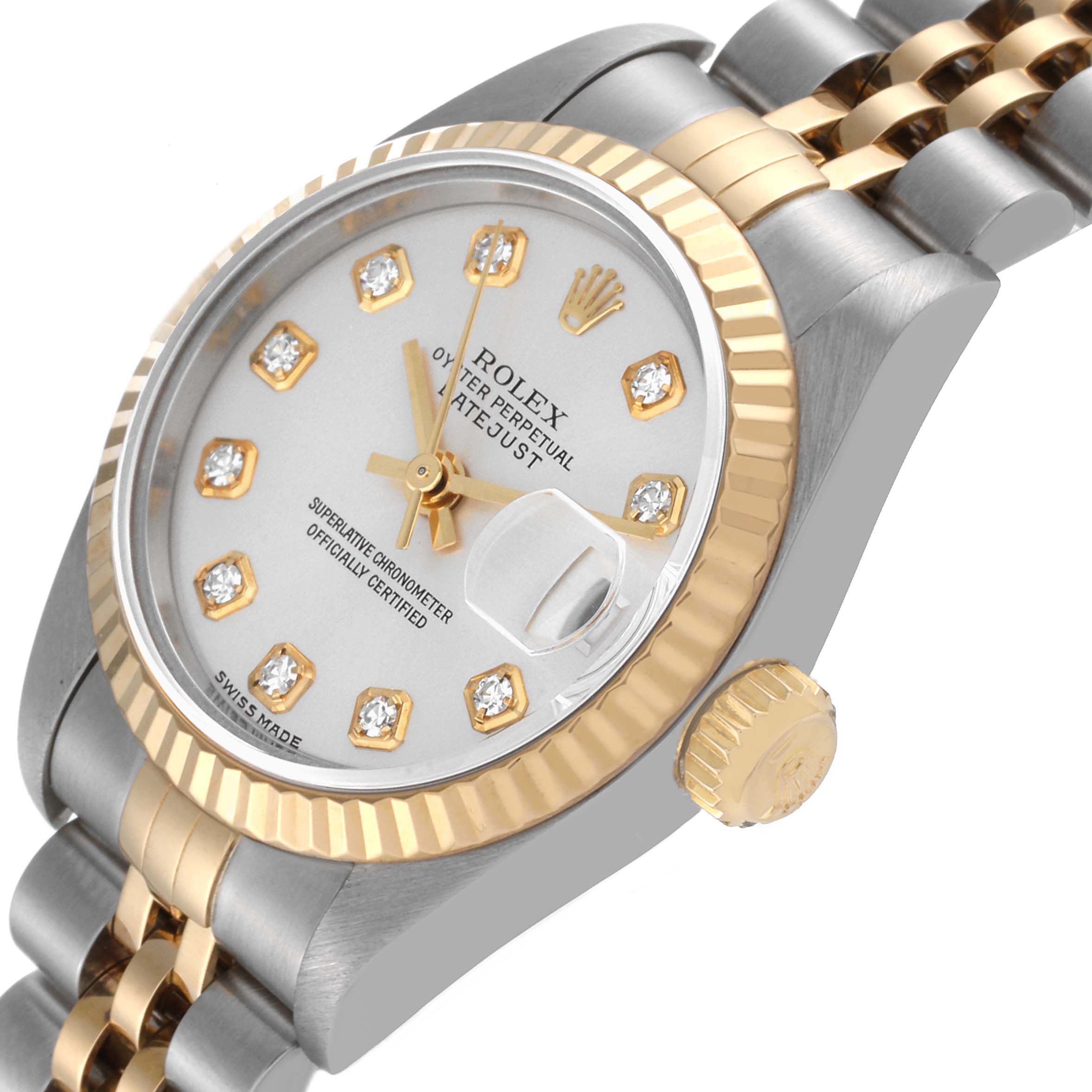 The image shows a close-up angle of the Rolex Datejust 79173 Women's Steel and Gold (two tone) Silver Dial 79173 Women's Steel and Gold (two tone) Silver Dial watch, highlighting the dial, fluted bezel, crown, and bracelet.