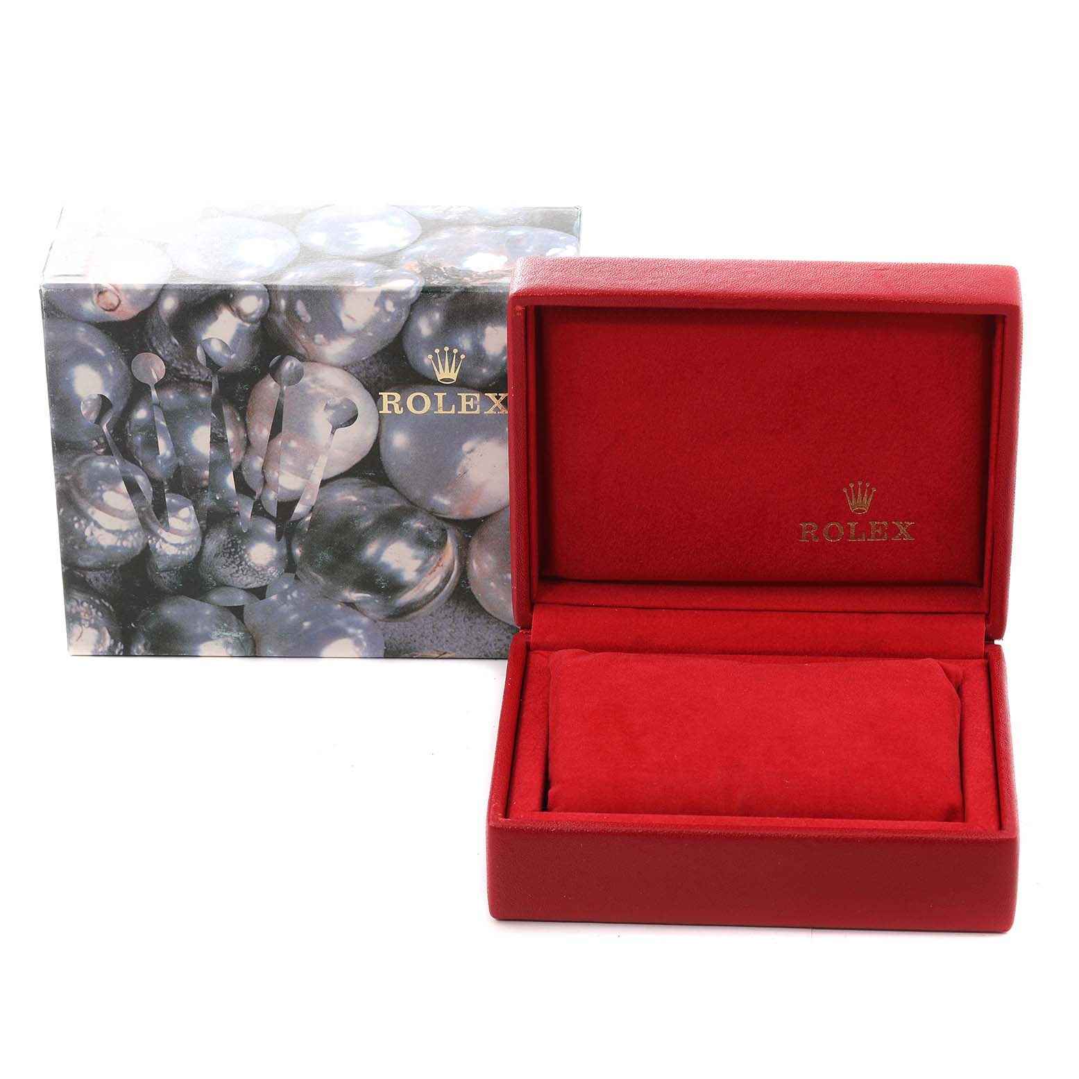 The image shows a Rolex Datejust 79173 Women's Steel and Gold (two tone) Silver Dial 79173 Women's Steel and Gold (two tone) Silver Dial model watch box and outer packaging, including a red velvet interior and a decorative outer box.