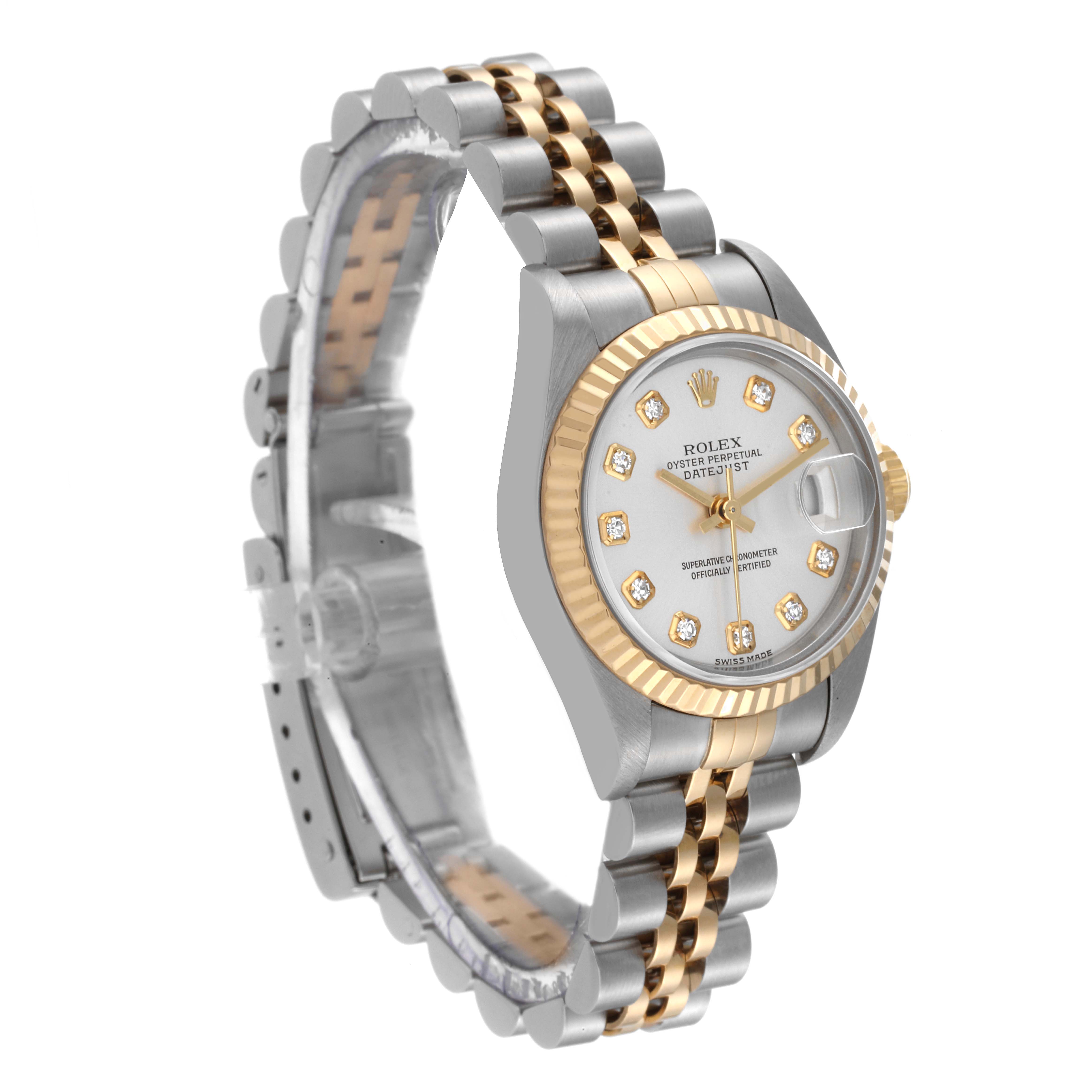 The Rolex Datejust 79173 Women's Steel and Gold (two tone) Silver Dial 79173 Women's Steel and Gold (two tone) Silver Dial watch is shown at a three-quarter angle, displaying its face, bezel, and Jubilee two-tone bracelet.
