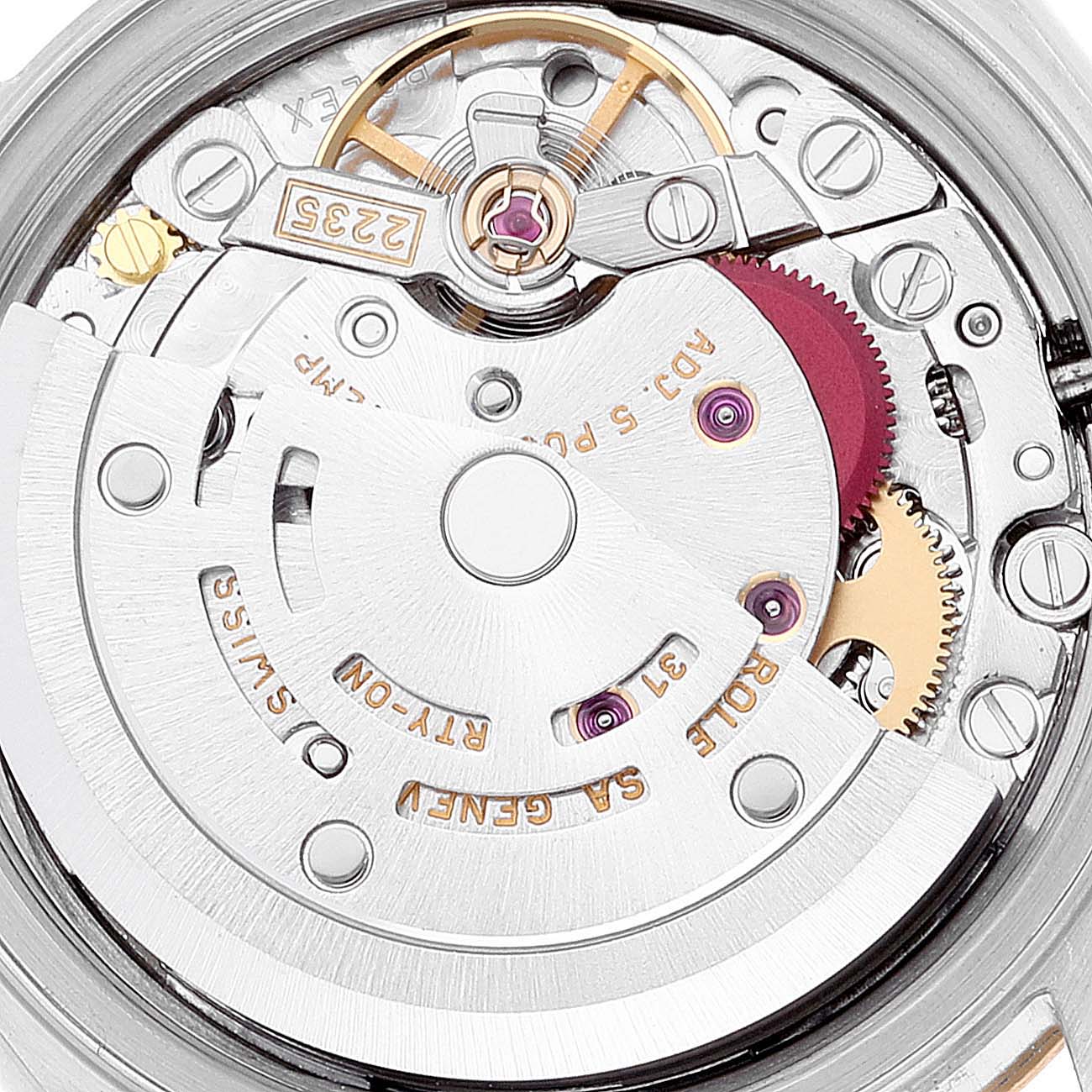 This close-up image shows the intricate internal movement and components of a Rolex Datejust 79173 Women's Steel and Gold (two tone) Silver Dial 79173 Women's Steel and Gold (two tone) Silver Dial watch.