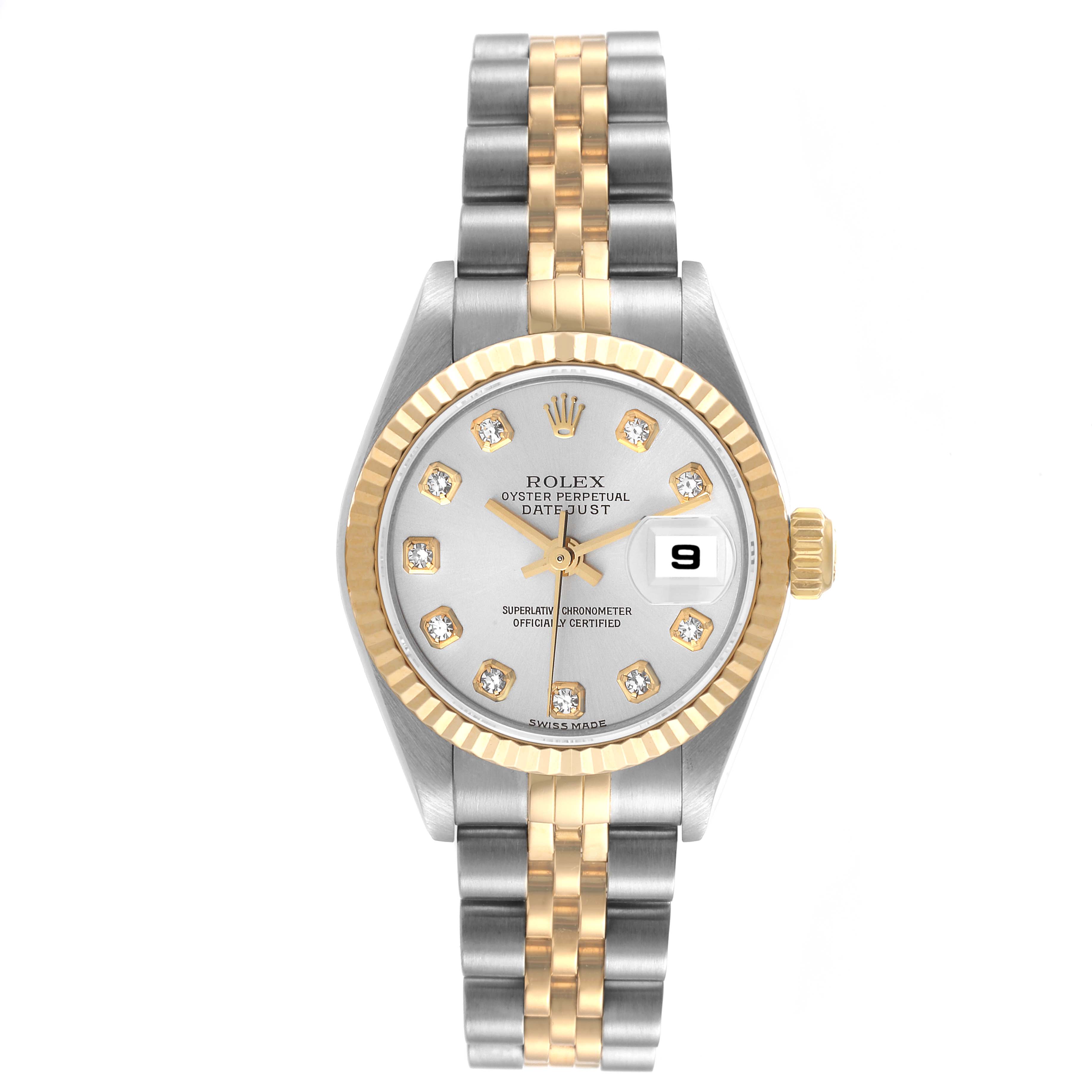 The image shows a front view of a Rolex Datejust 79173 Women's Steel and Gold (two tone) Silver Dial 79173 Women's Steel and Gold (two tone) Silver Dial watch, displaying the dial, bezel, and band.
