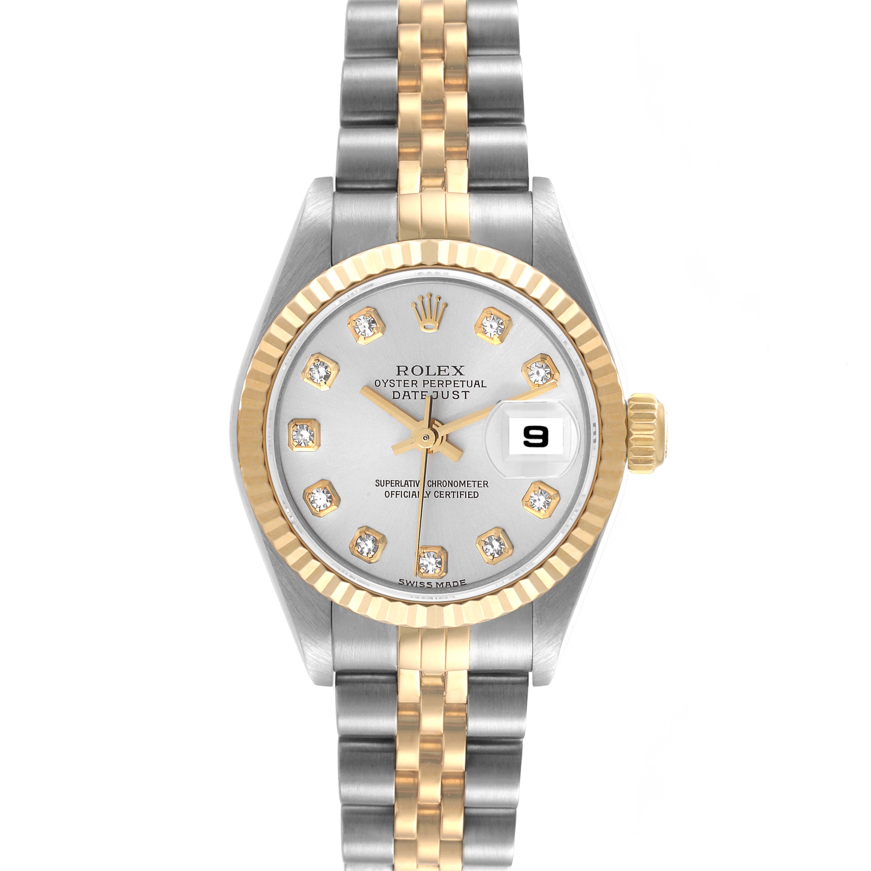 The Rolex Datejust 79173 Women's Steel and Gold (two tone) Silver Dial 79173 Women's Steel and Gold (two tone) Silver Dial watch is shown from a front angle, displaying its face, bezel, and two-tone bracelet.