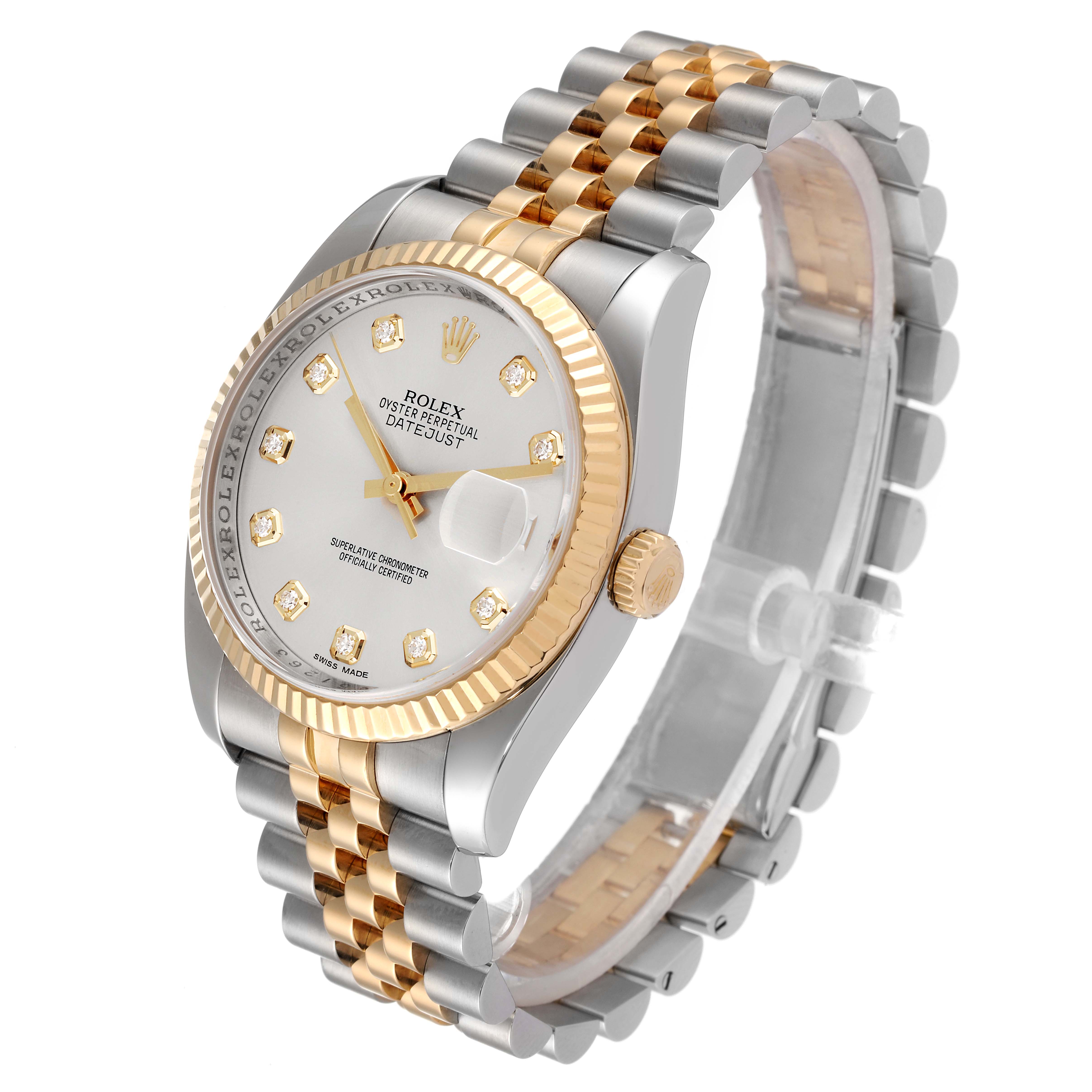 This image shows a Rolex Datejust 116233 Men's Steel and Gold (two tone) Silver Dial 116233 Men's Steel and Gold (two tone) Silver Dial watch at a three-quarter angle, highlighting the face, bezel, crown, and two-tone bracelet.