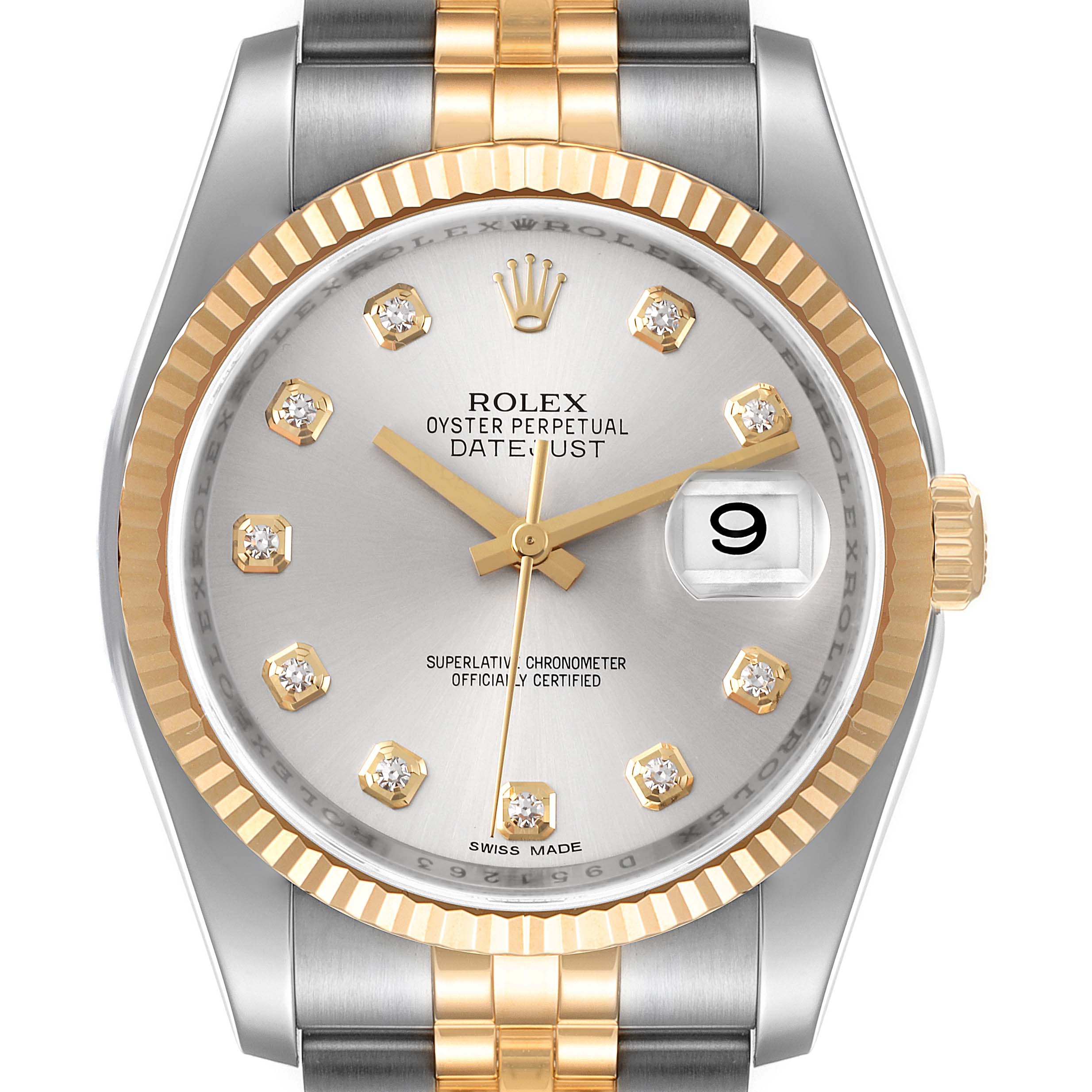 The image shows a front view of a Rolex Datejust 116233 Men's Steel and Gold (two tone) Silver Dial 116233 Men's Steel and Gold (two tone) Silver Dial watch, highlighting the dial, hands, date window, bezel, and part of the bracelet.