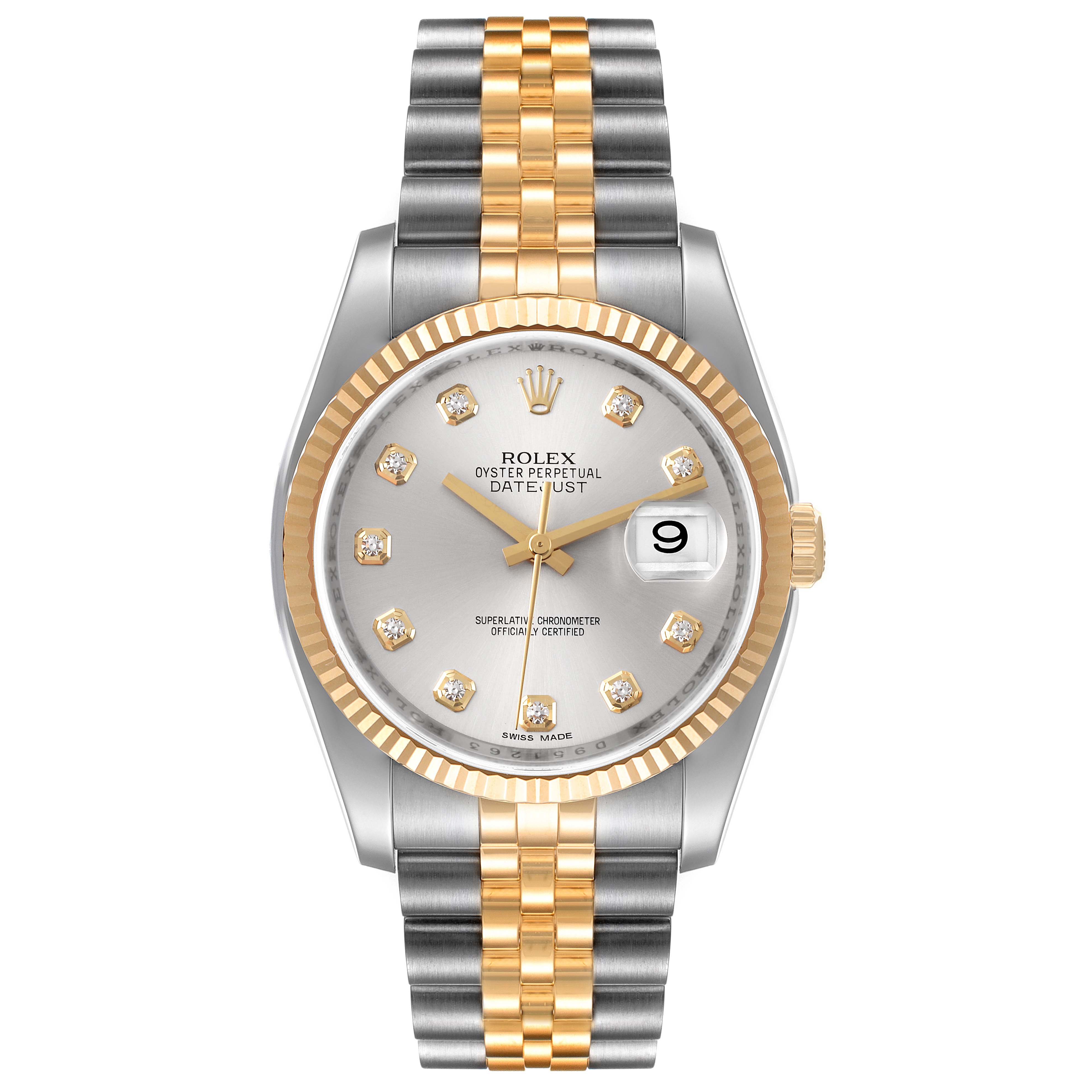 This image shows a Rolex Datejust 116233 Men's Steel and Gold (two tone) Silver Dial 116233 Men's Steel and Gold (two tone) Silver Dial watch from a front angle, displaying its dial, bezel, and two-tone bracelet.
