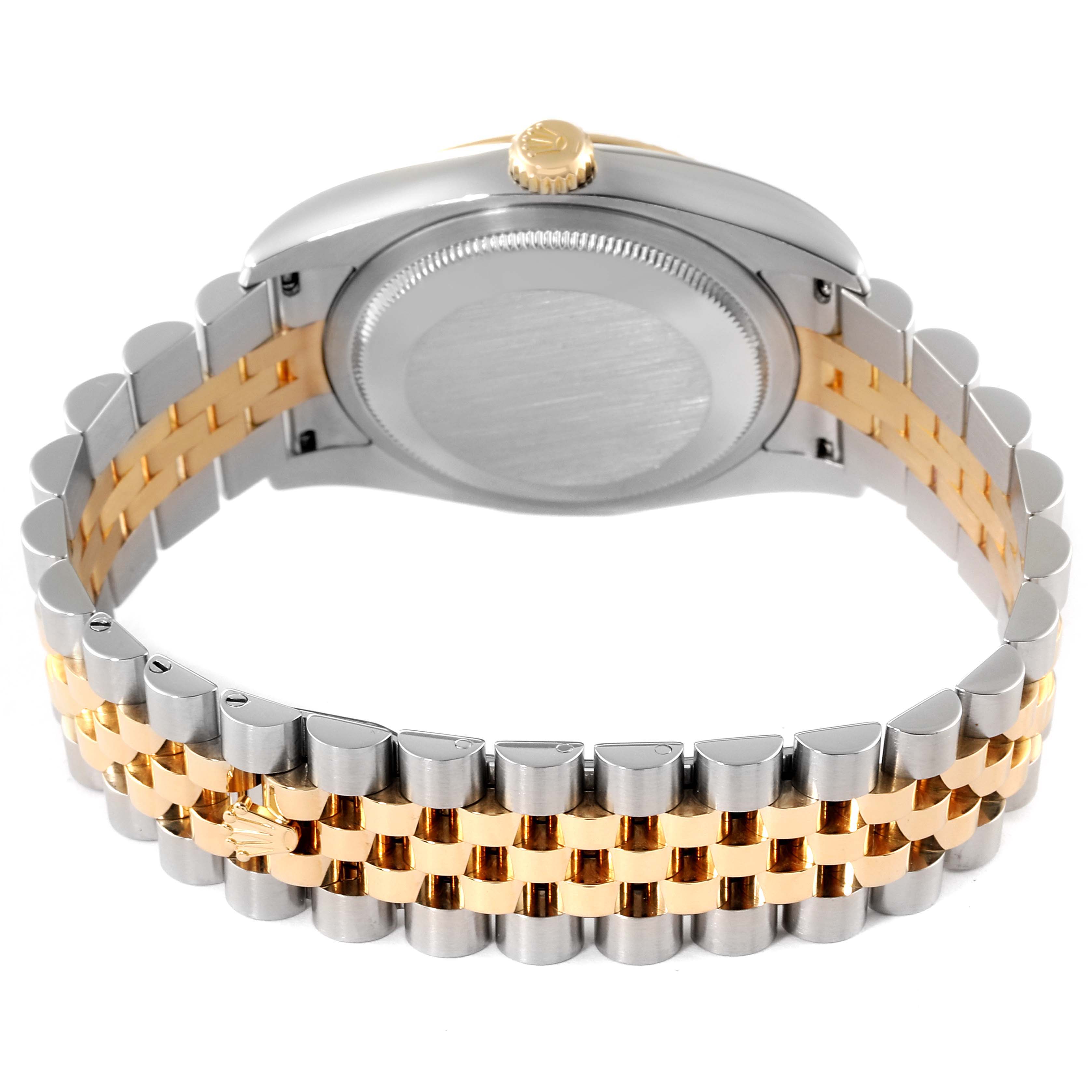 The image shows the back of the Rolex Datejust 116233 Men's Steel and Gold (two tone) Silver Dial 116233 Men's Steel and Gold (two tone) Silver Dial watch's case and the two-tone bracelet from a rear angle.