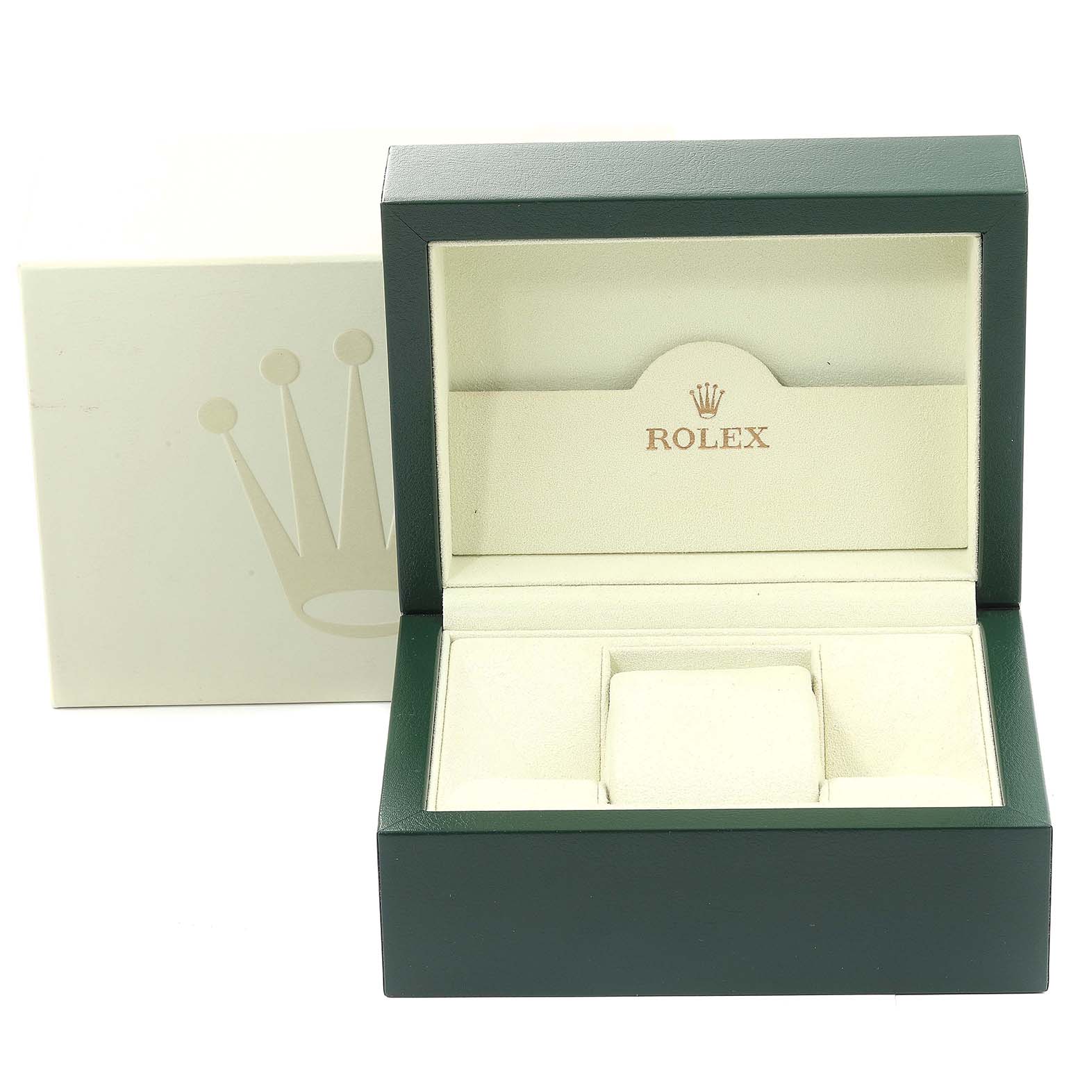 The image shows an open Rolex Datejust 116233 Men's Steel and Gold (two tone) Silver Dial 116233 Men's Steel and Gold (two tone) Silver Dial watch box and its outer sleeve from a frontal angle.