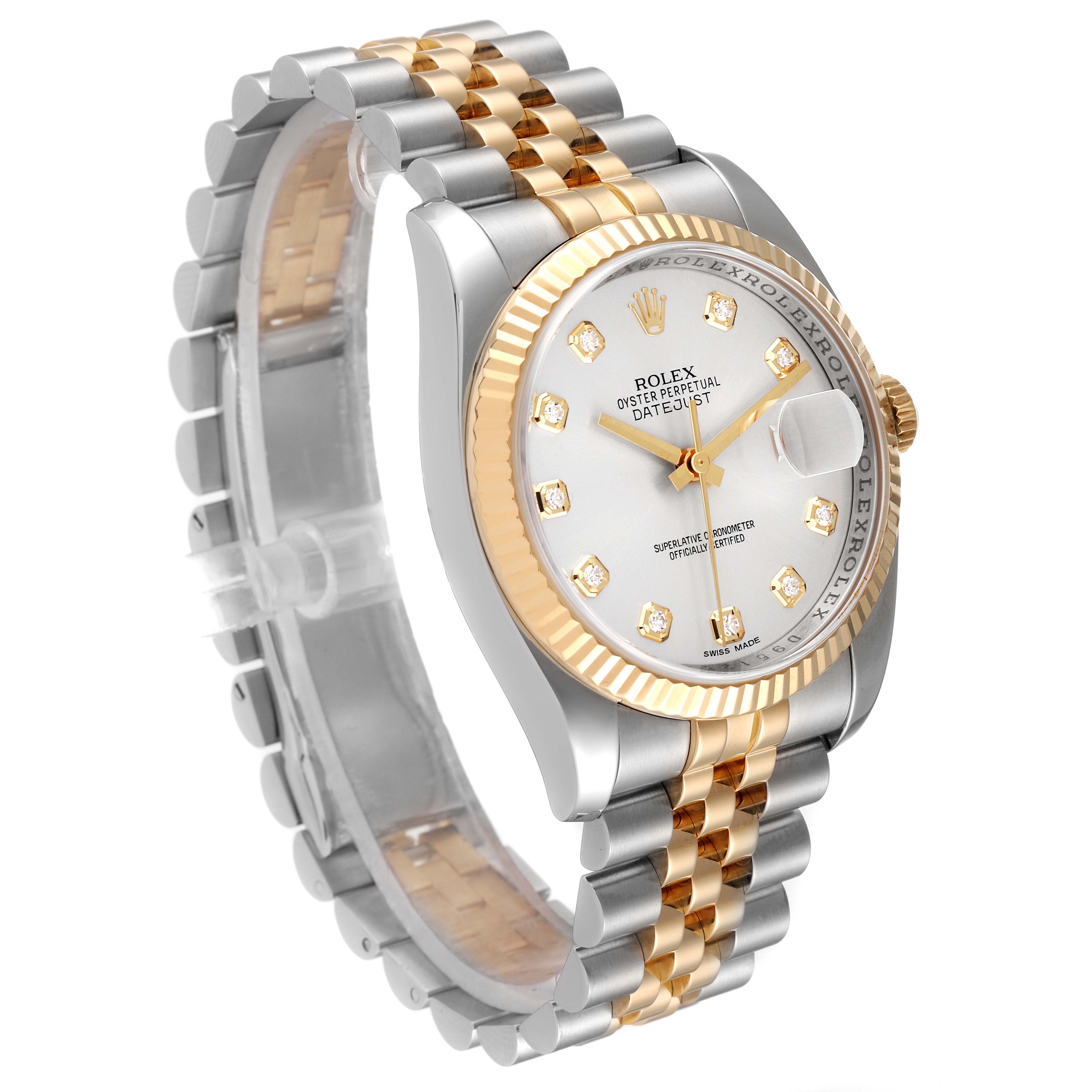 The image shows a Rolex Datejust 116233 Men's Steel and Gold (two tone) Silver Dial 116233 Men's Steel and Gold (two tone) Silver Dial watch from an angled side view, highlighting the gold and silver bracelet, white dial, and gold fluted bezel.