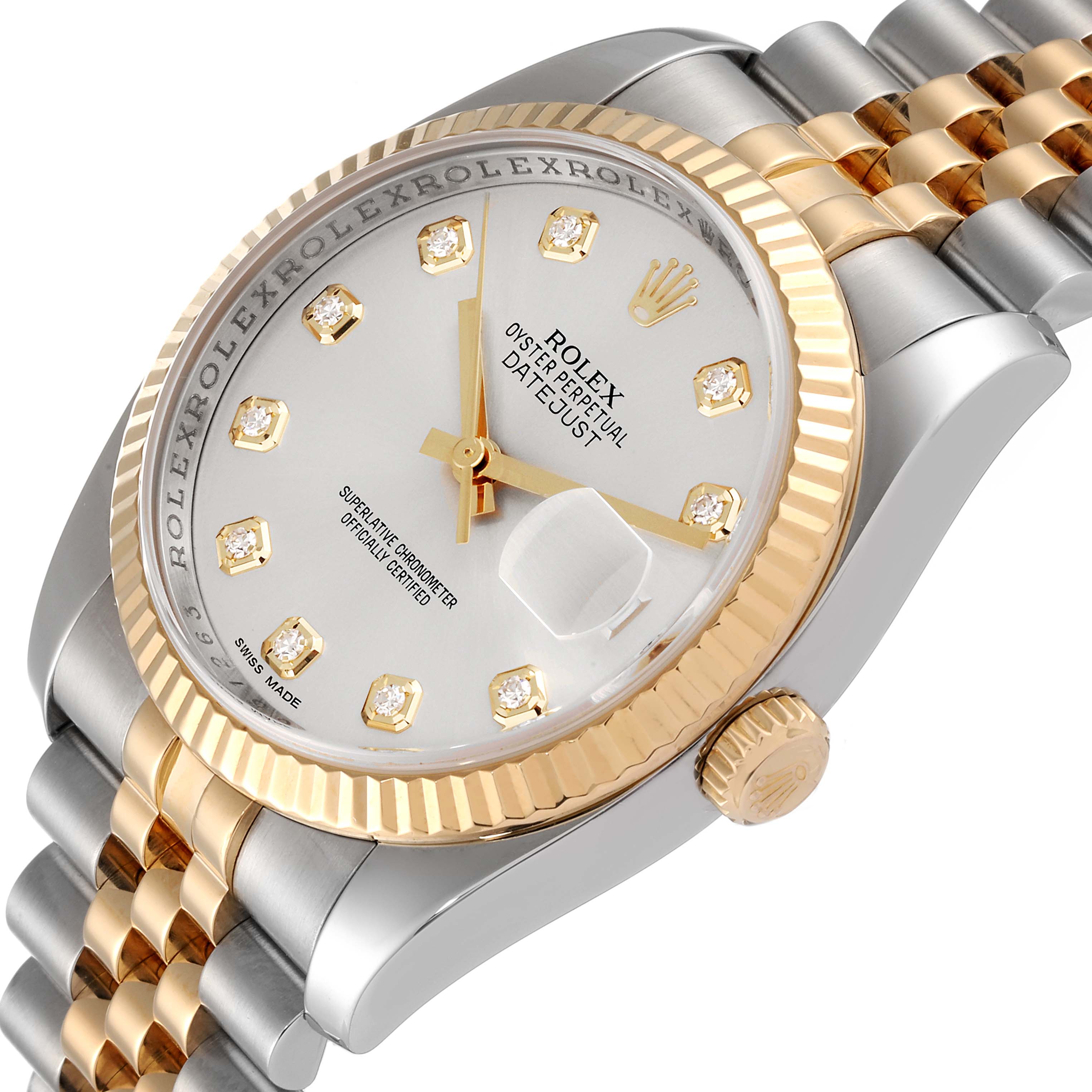 The image shows a Rolex Datejust 116233 Men's Steel and Gold (two tone) Silver Dial 116233 Men's Steel and Gold (two tone) Silver Dial watch at an angled view, highlighting the crown, dial, and jubilee bracelet with gold and diamond accents.