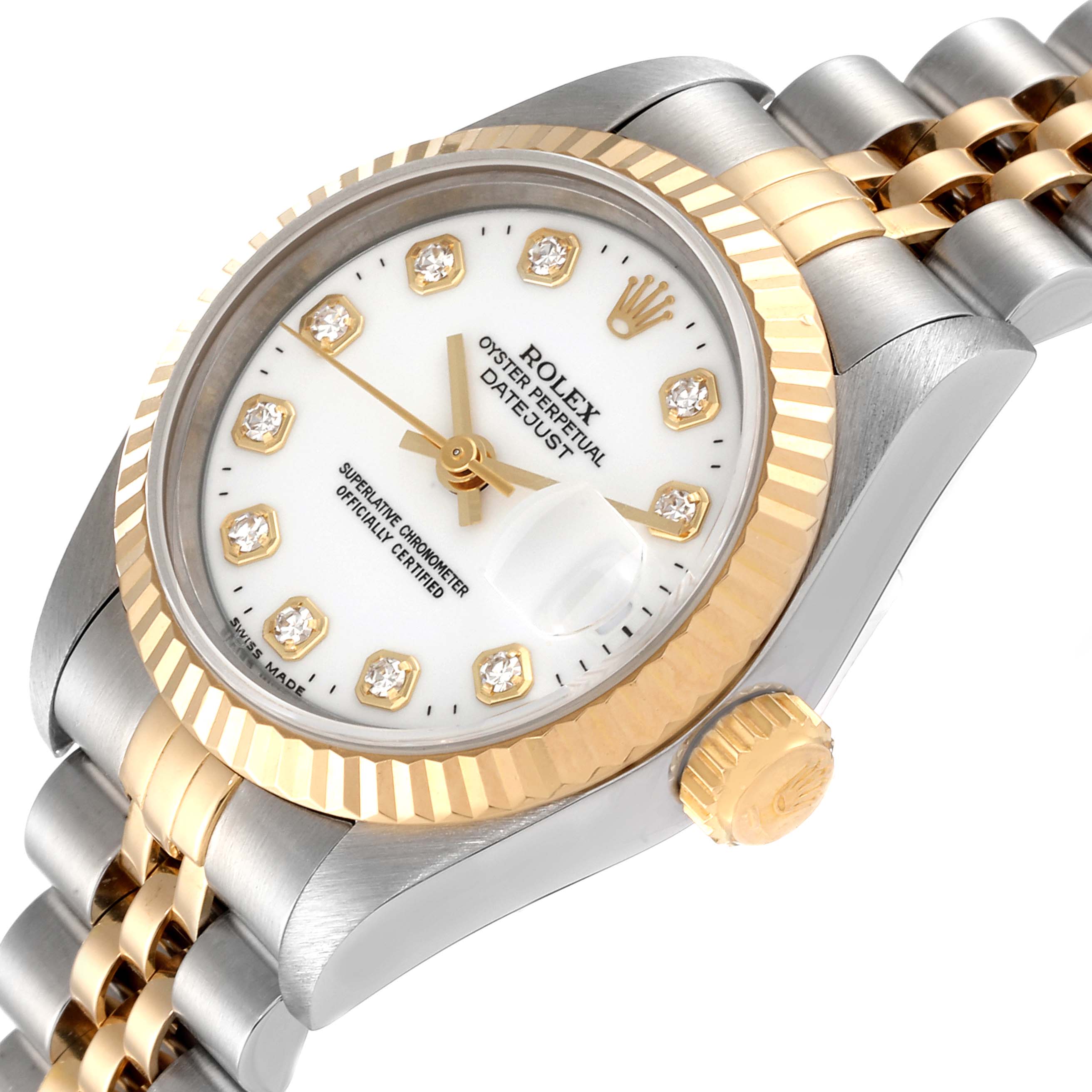 This image shows a close-up of a Rolex Datejust 69173 Women's Steel and Gold (two tone) White Dial 69173 Women's Steel and Gold (two tone) White Dial watch, displaying its dial, bezel, bracelet, and crown from an angle.