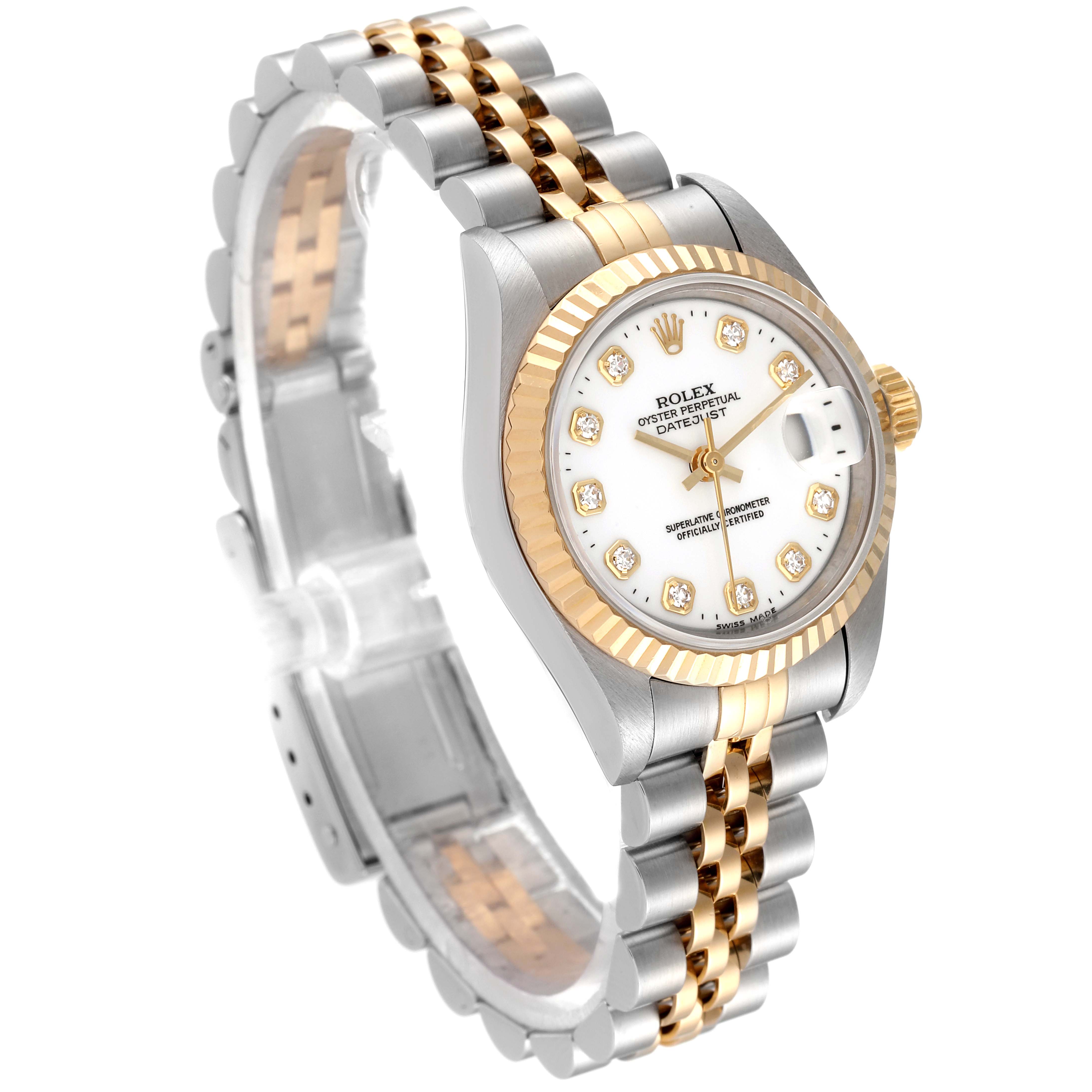 This image shows a Rolex Datejust 69173 Women's Steel and Gold (two tone) White Dial 69173 Women's Steel and Gold (two tone) White Dial watch, angled to display the face, fluted bezel, two-tone bracelet, and part of the clasp.