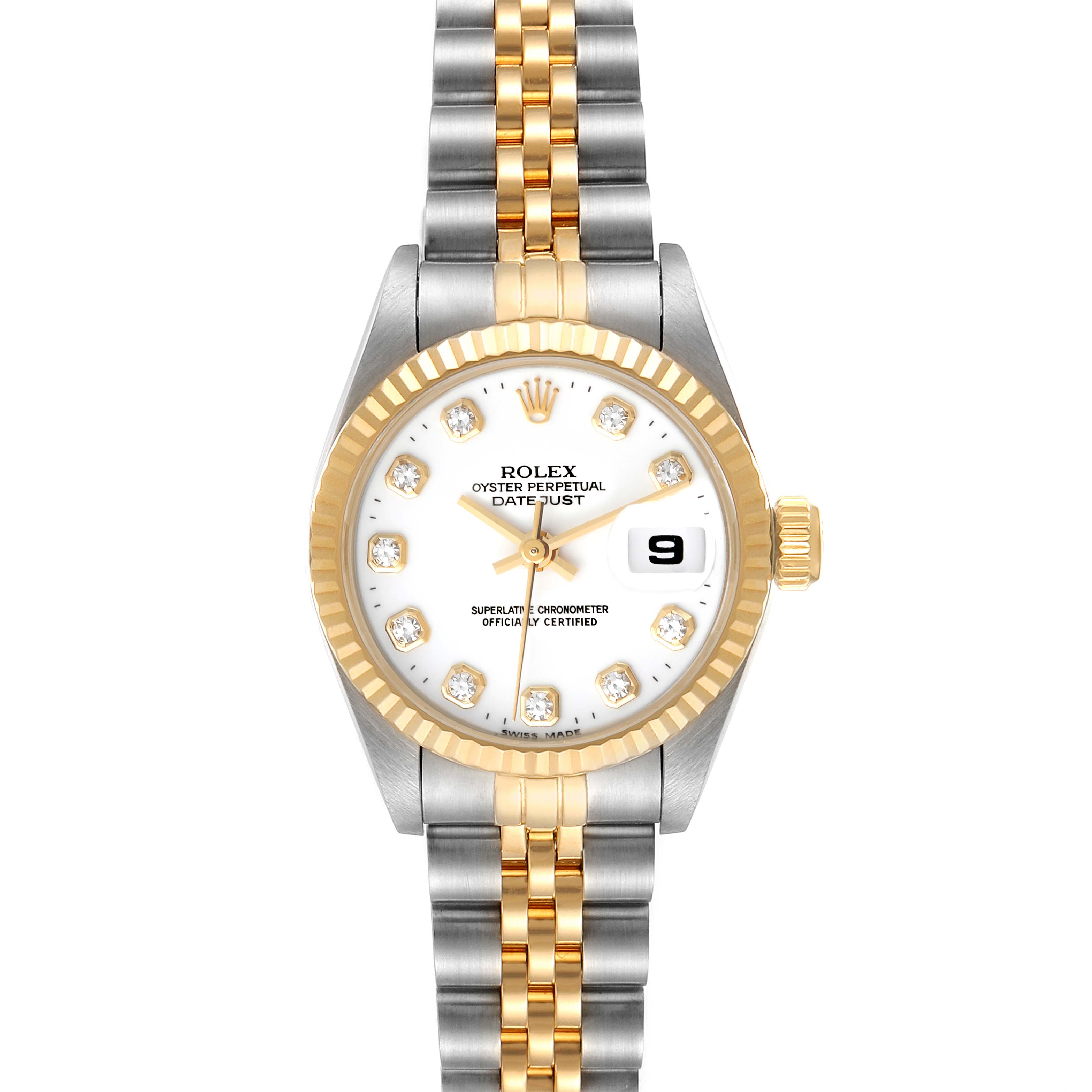 This image shows a Rolex Datejust 69173 Women's Steel and Gold (two tone) White Dial 69173 Women's Steel and Gold (two tone) White Dial watch from a top view, highlighting the dial, bezel, and two-tone bracelet.