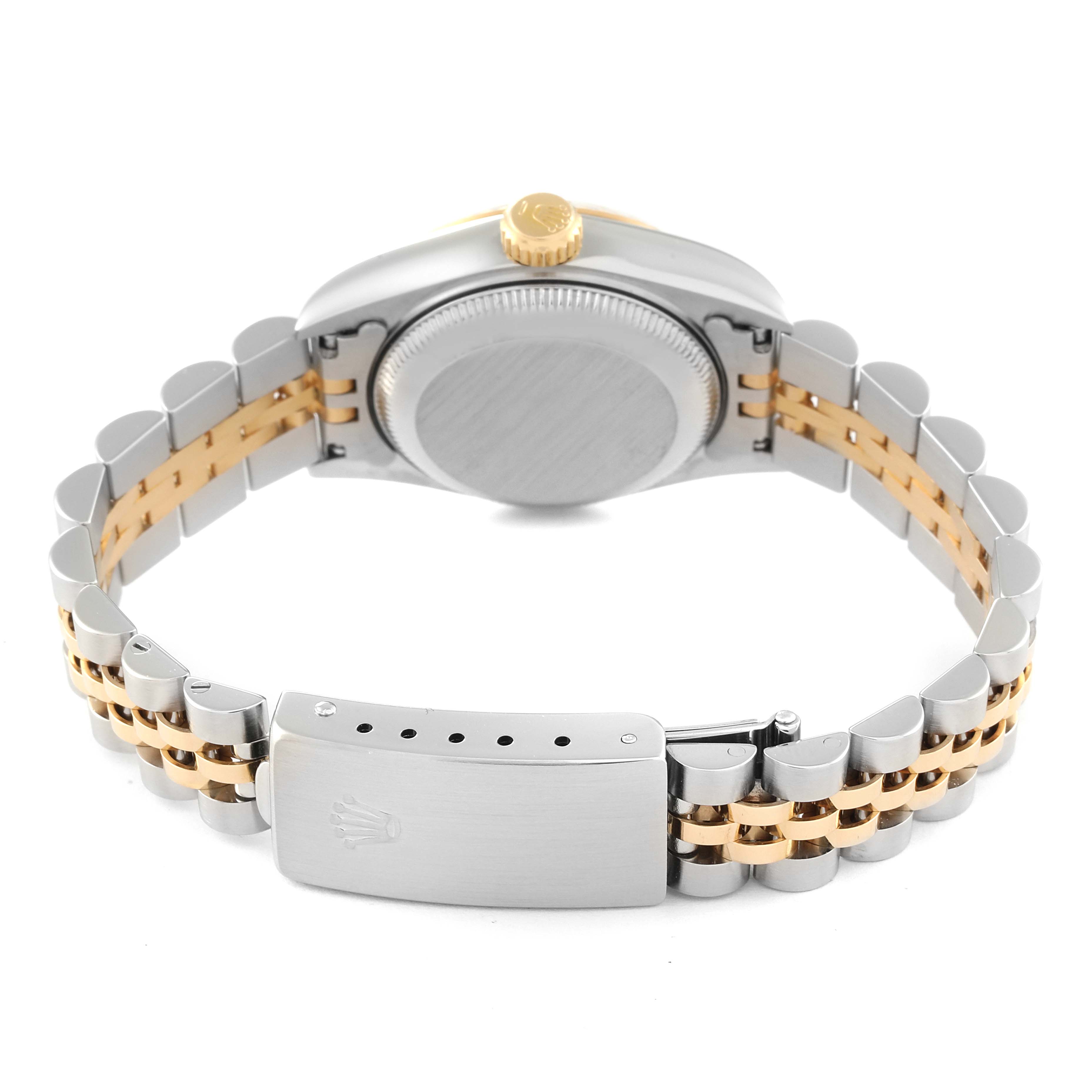The Rolex Datejust 69173 Women's Steel and Gold (two tone) White Dial 69173 Women's Steel and Gold (two tone) White Dial watch is shown from the rear, highlighting the bracelet, clasp, and case back.