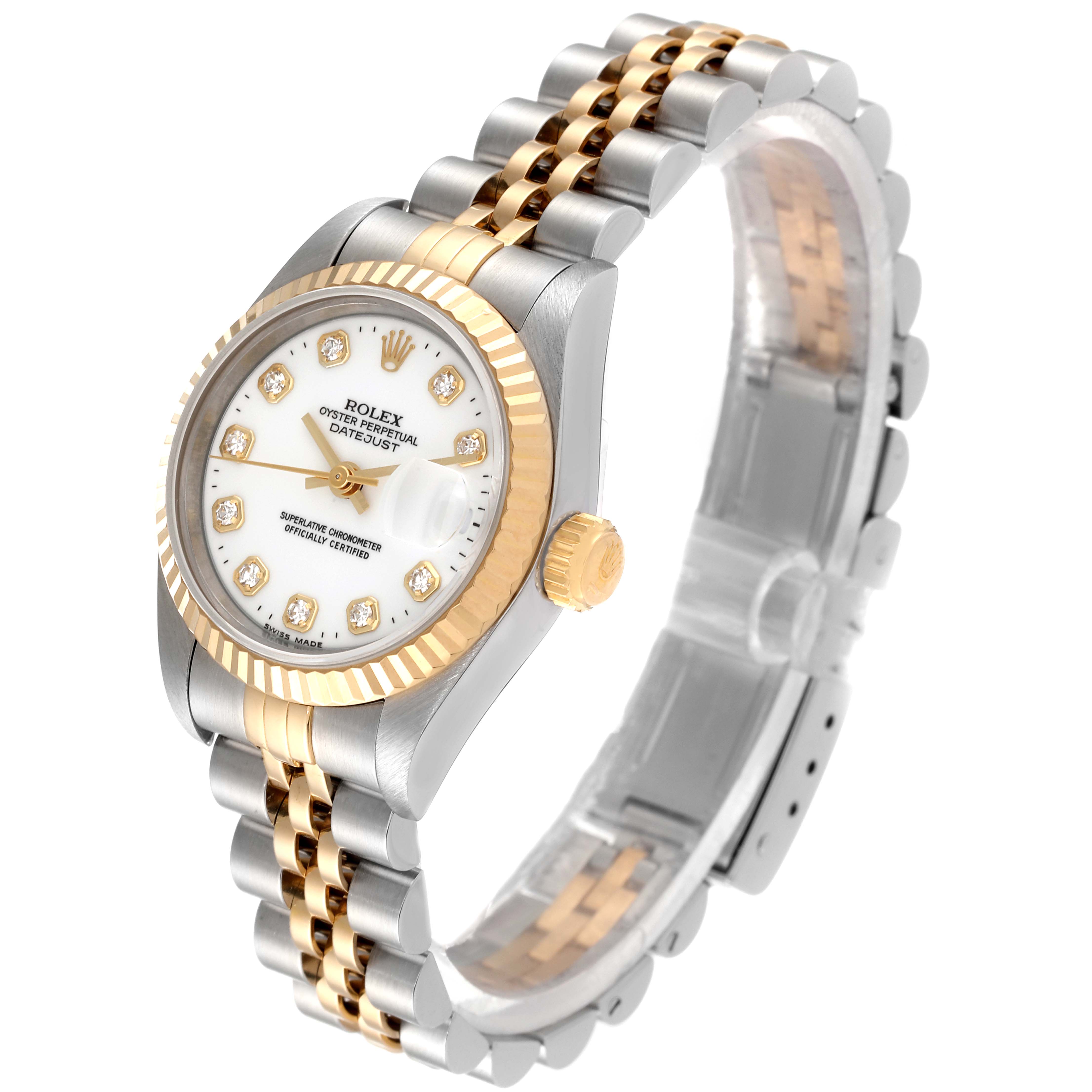 The Rolex Datejust 69173 Women's Steel and Gold (two tone) White Dial 69173 Women's Steel and Gold (two tone) White Dial watch is shown at a three-quarter angle, highlighting its bezel, dial, case, crown, and bracelet.