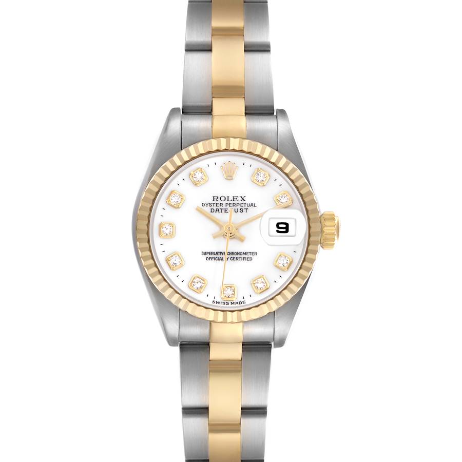 The Rolex Datejust watch is shown from a top-down angle, displaying the dial, bezel, case, and two-tone bracelet.