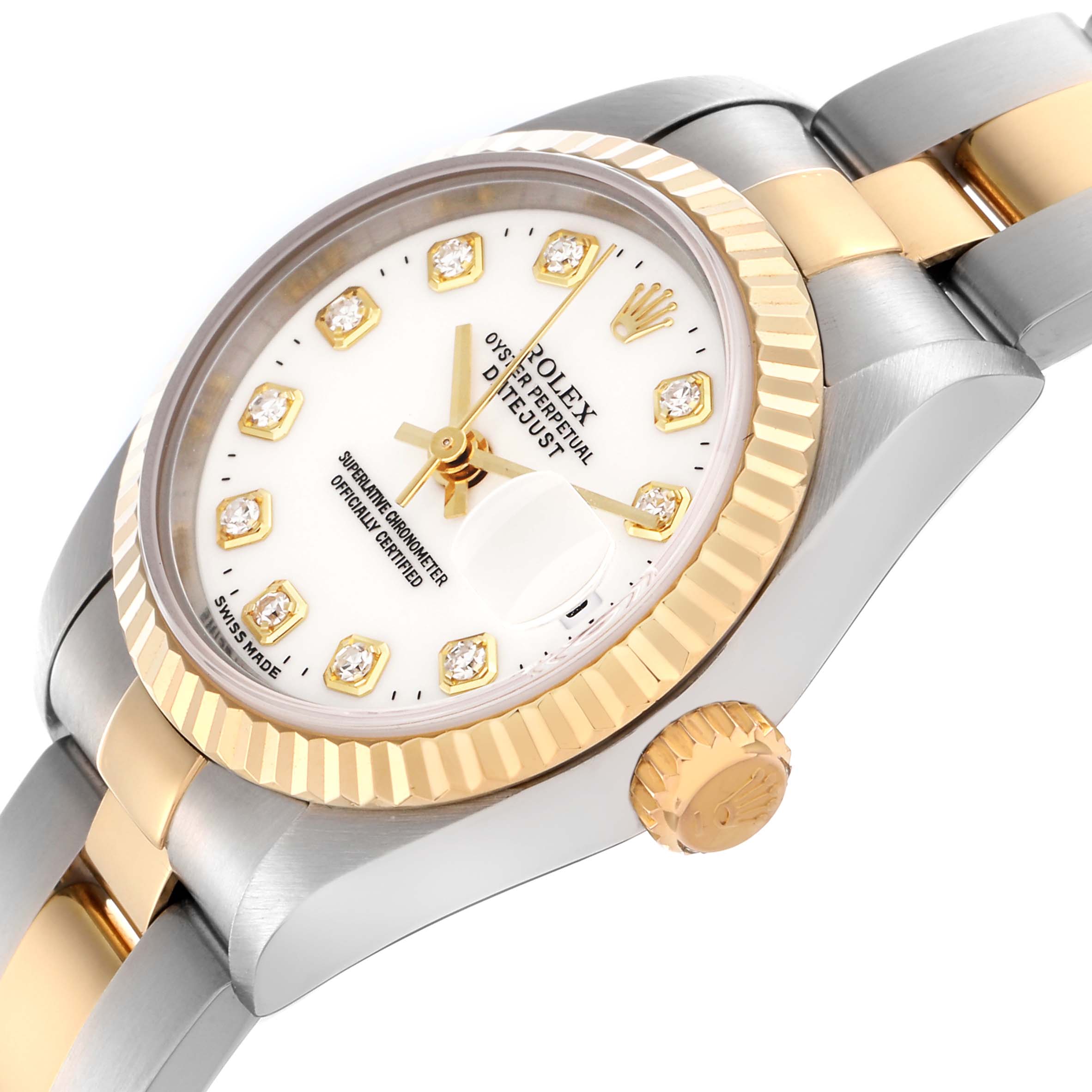 The Rolex Datejust 79173 Women's Steel and Gold (two tone) White Dial 79173 Women's Steel and Gold (two tone) White Dial watch is shown at an oblique angle, highlighting the gold fluted bezel, dial, crown, and two-tone bracelet.