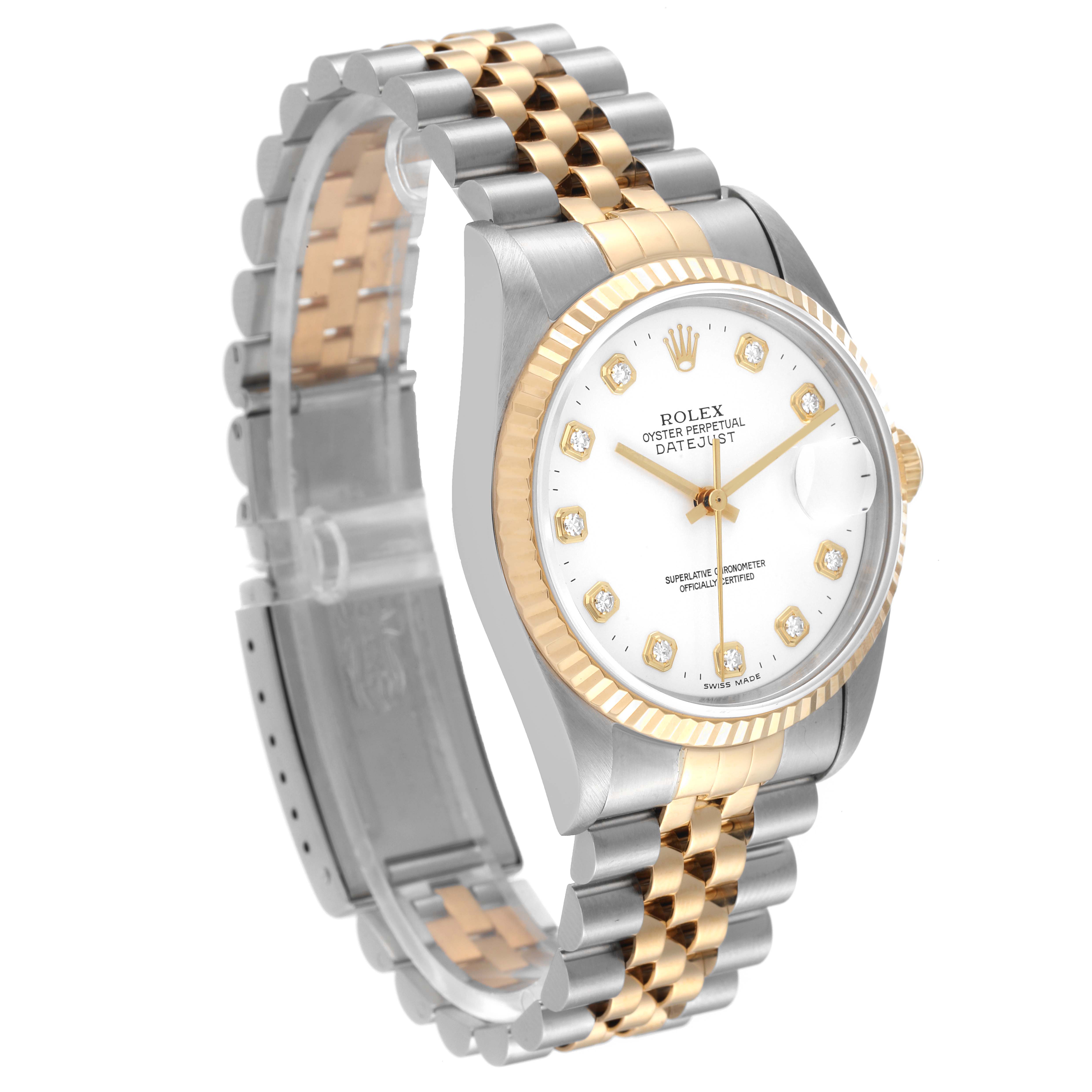 This image shows a Rolex Datejust 16233 Men's Steel and Gold (two tone) White Dial 16233 Men's Steel and Gold (two tone) White Dial watch at a three-quarter angle, highlighting its two-tone bracelet, fluted bezel, and dial.