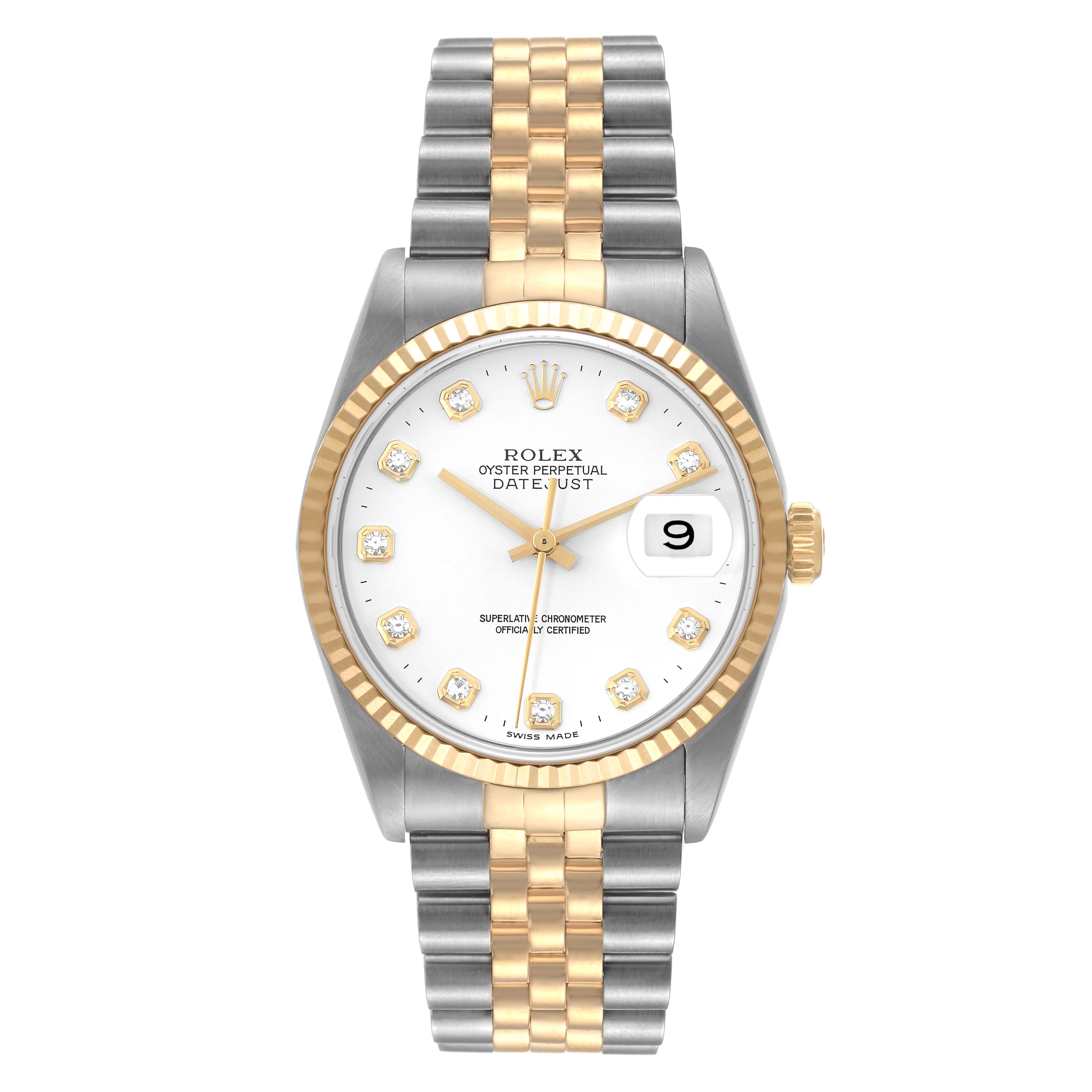 This image shows a frontal view of a Rolex Datejust 16233 Men's Steel and Gold (two tone) White Dial 16233 Men's Steel and Gold (two tone) White Dial watch with a white dial, gold fluted bezel, and a two-tone bracelet.