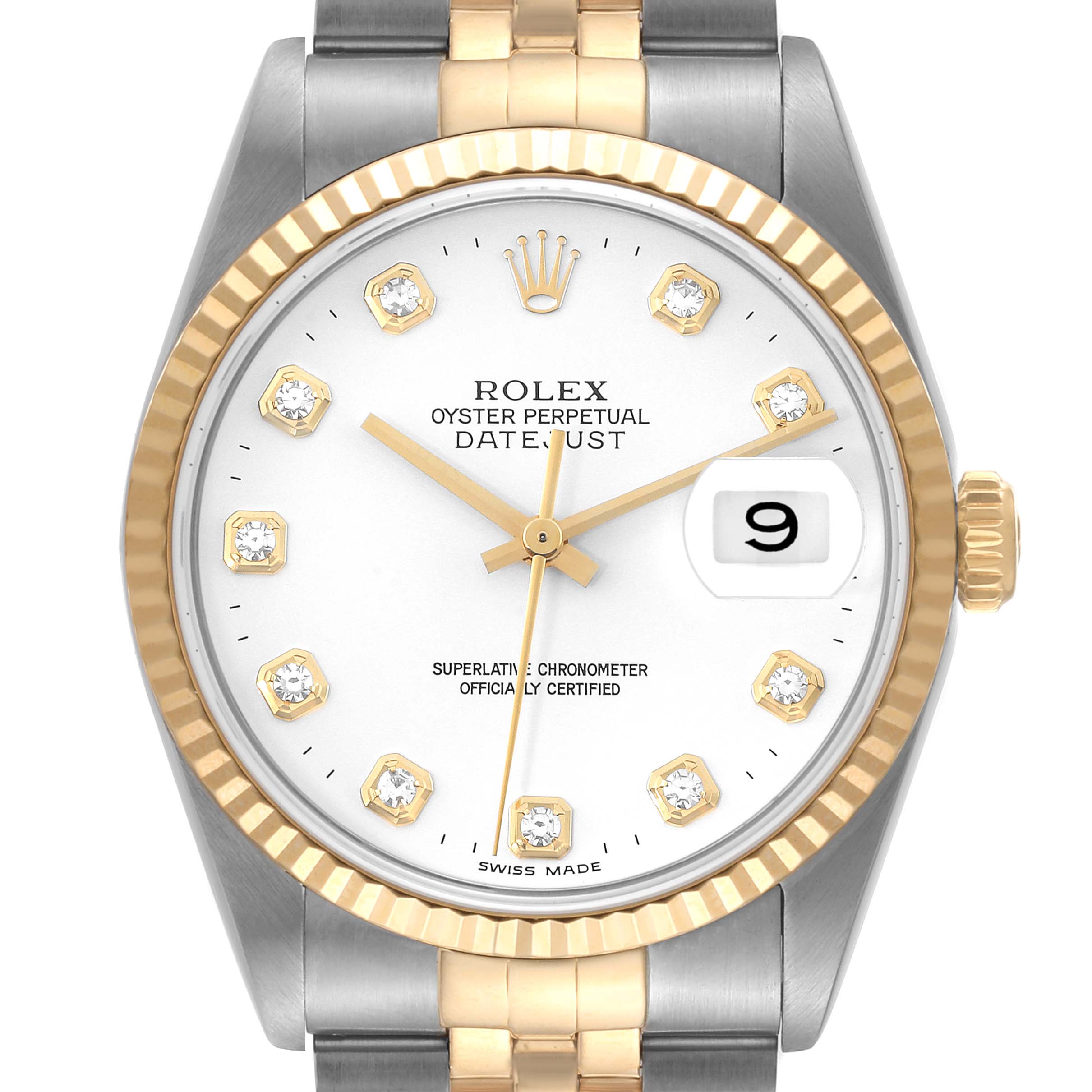 The image shows a front view of a Rolex Datejust 16233 Men's Steel and Gold (two tone) White Dial 16233 Men's Steel and Gold (two tone) White Dial watch, highlighting the two-tone bracelet, fluted bezel, and diamond hour markers.