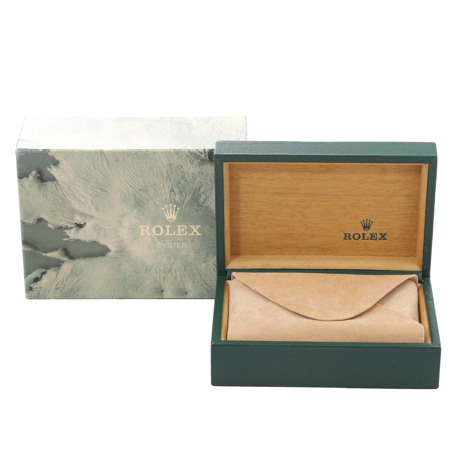 The image shows the packaging for a Rolex Datejust 16233 Men's Steel and Gold (two tone) White Dial 16233 Men's Steel and Gold (two tone) White Dial watch, including an outer box and an open inner box with a pouch.