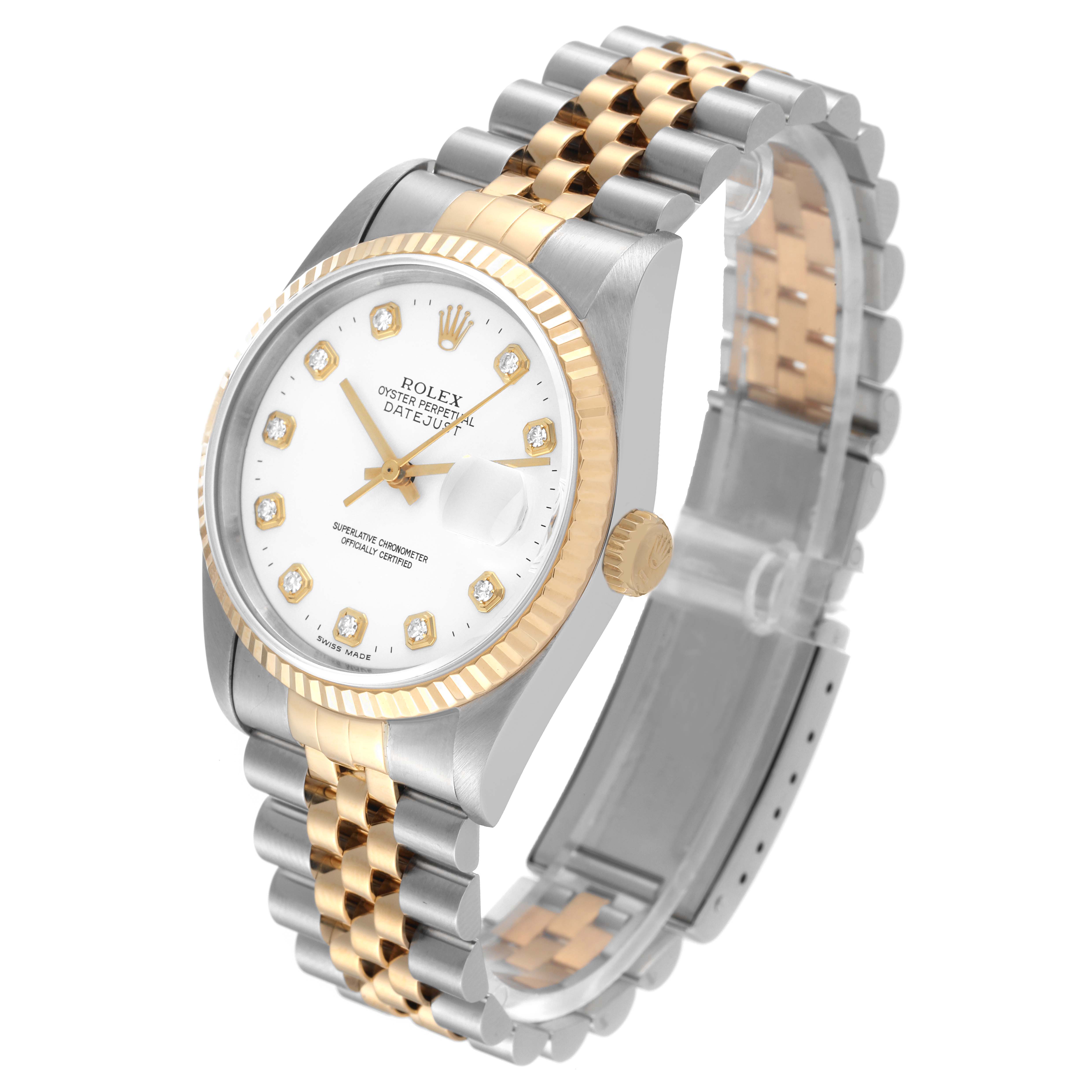 The Rolex Datejust 16233 Men's Steel and Gold (two tone) White Dial 16233 Men's Steel and Gold (two tone) White Dial watch is shown at an oblique angle, displaying the dial, bezel, crown, and the two-tone bracelet.