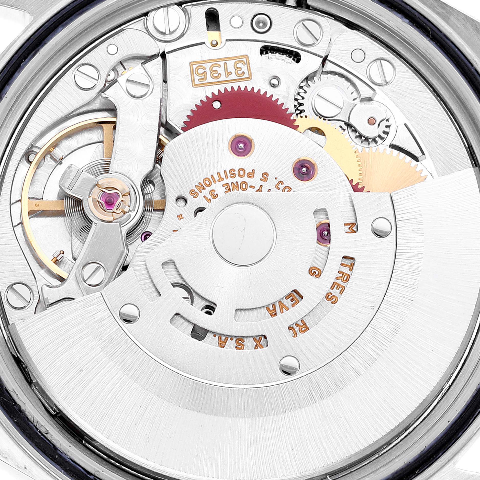 This image shows the internal mechanism of a Rolex Datejust 16233 Men's Steel and Gold (two tone) White Dial 16233 Men's Steel and Gold (two tone) White Dial watch from the back angle, highlighting the rotor and gears.