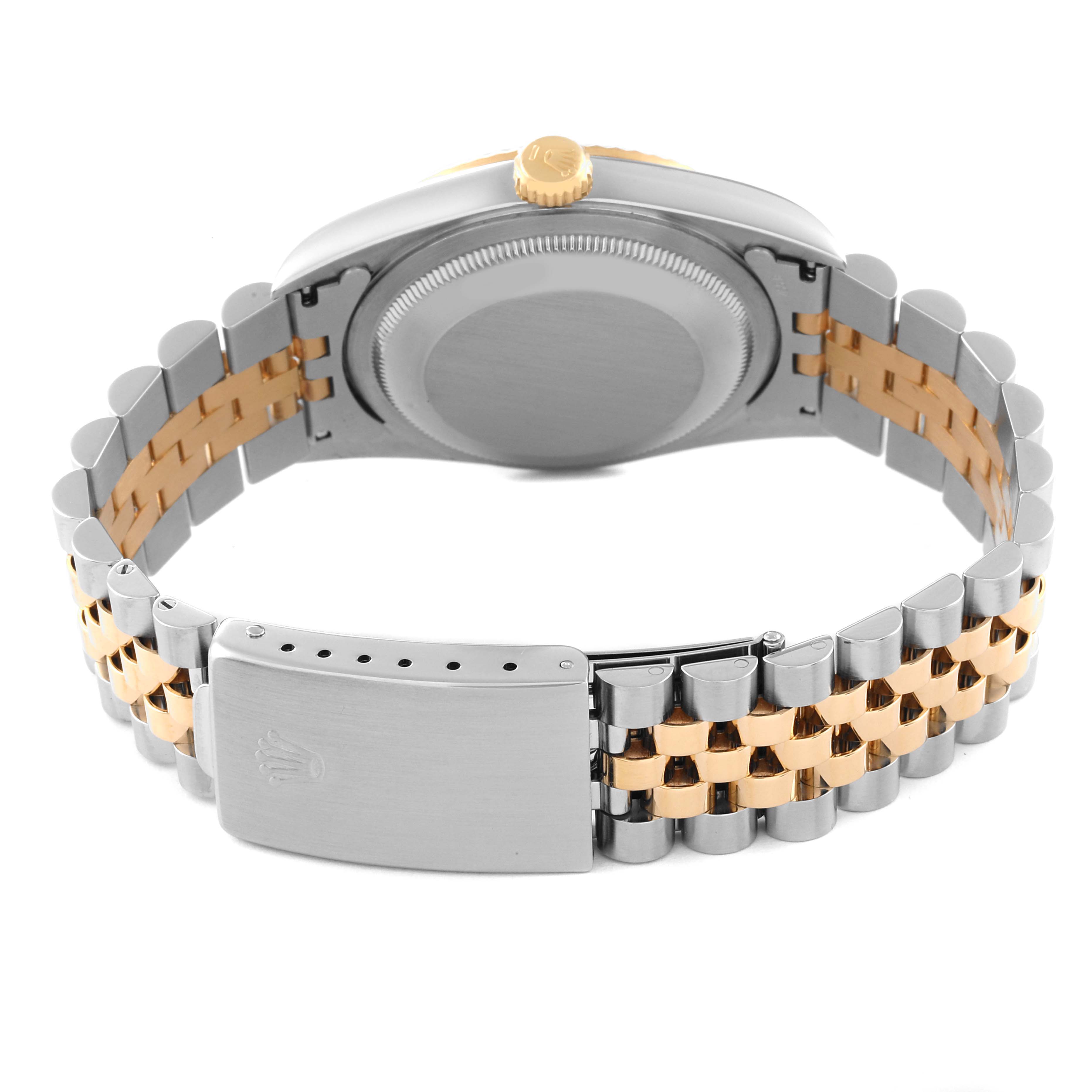 The image shows the back of a Rolex Datejust 16233 Men's Steel and Gold (two tone) White Dial 16233 Men's Steel and Gold (two tone) White Dial watch, including the caseback, crown, and Jubilee bracelet.