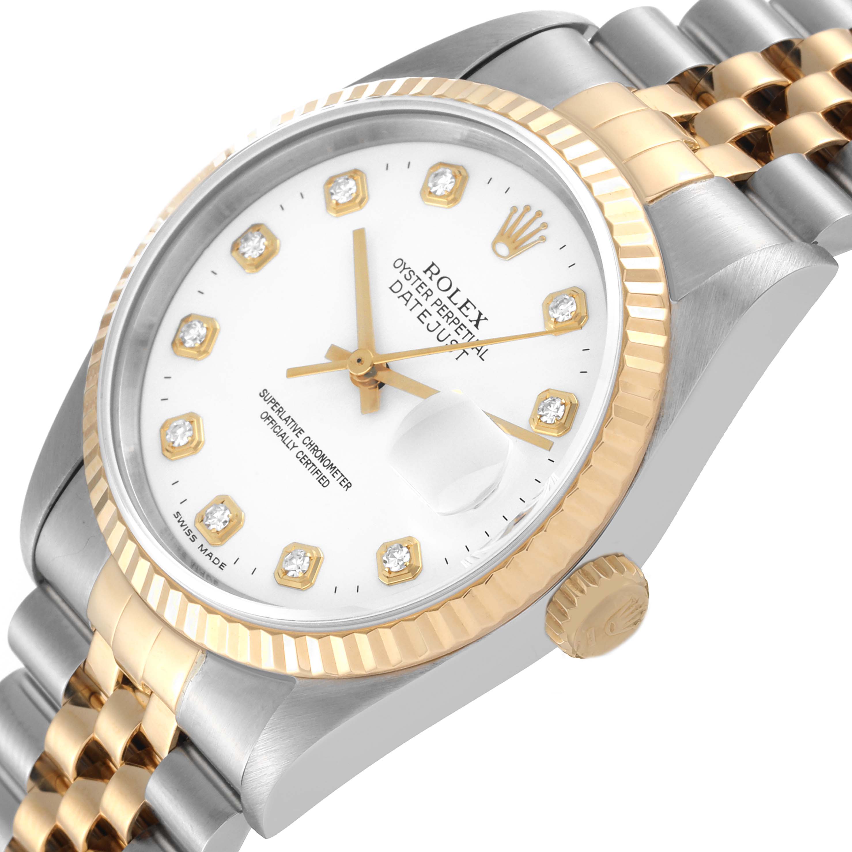 This image shows a Rolex Datejust 16233 Men's Steel and Gold (two tone) White Dial 16233 Men's Steel and Gold (two tone) White Dial watch at an angled view, highlighting its bezel, dial, crown, and bracelet.