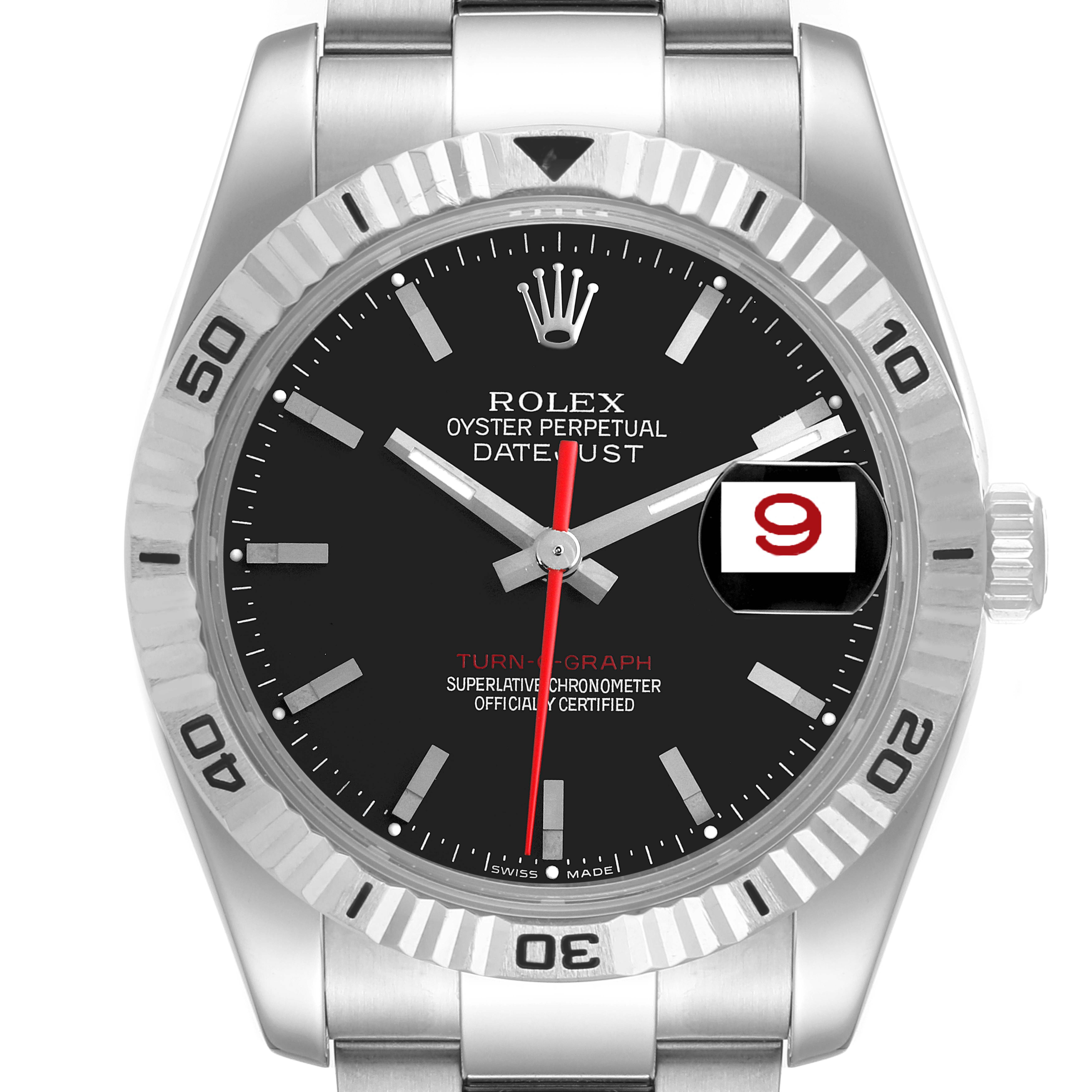 This image shows a front view of the Rolex Oyster Perpetual Datejust Turn-o-Graph watch, displaying its dial and bezel.