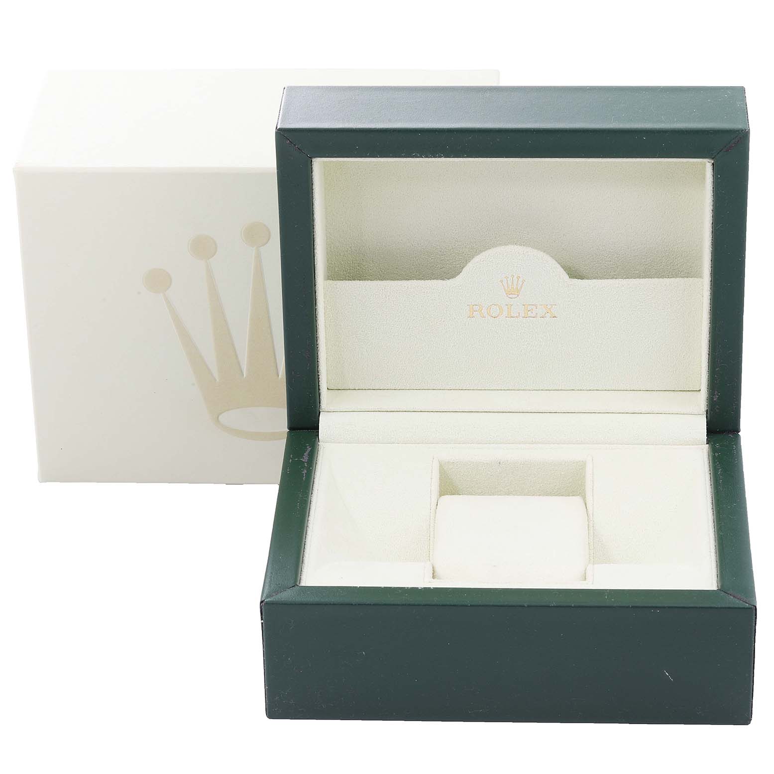 The image shows an empty Rolex Turn-o-Graph 116264 Men
s Stainless Steel Black Dial 116264 Men
s Stainless Steel Black Dial watch box open, with its outer protective box alongside.