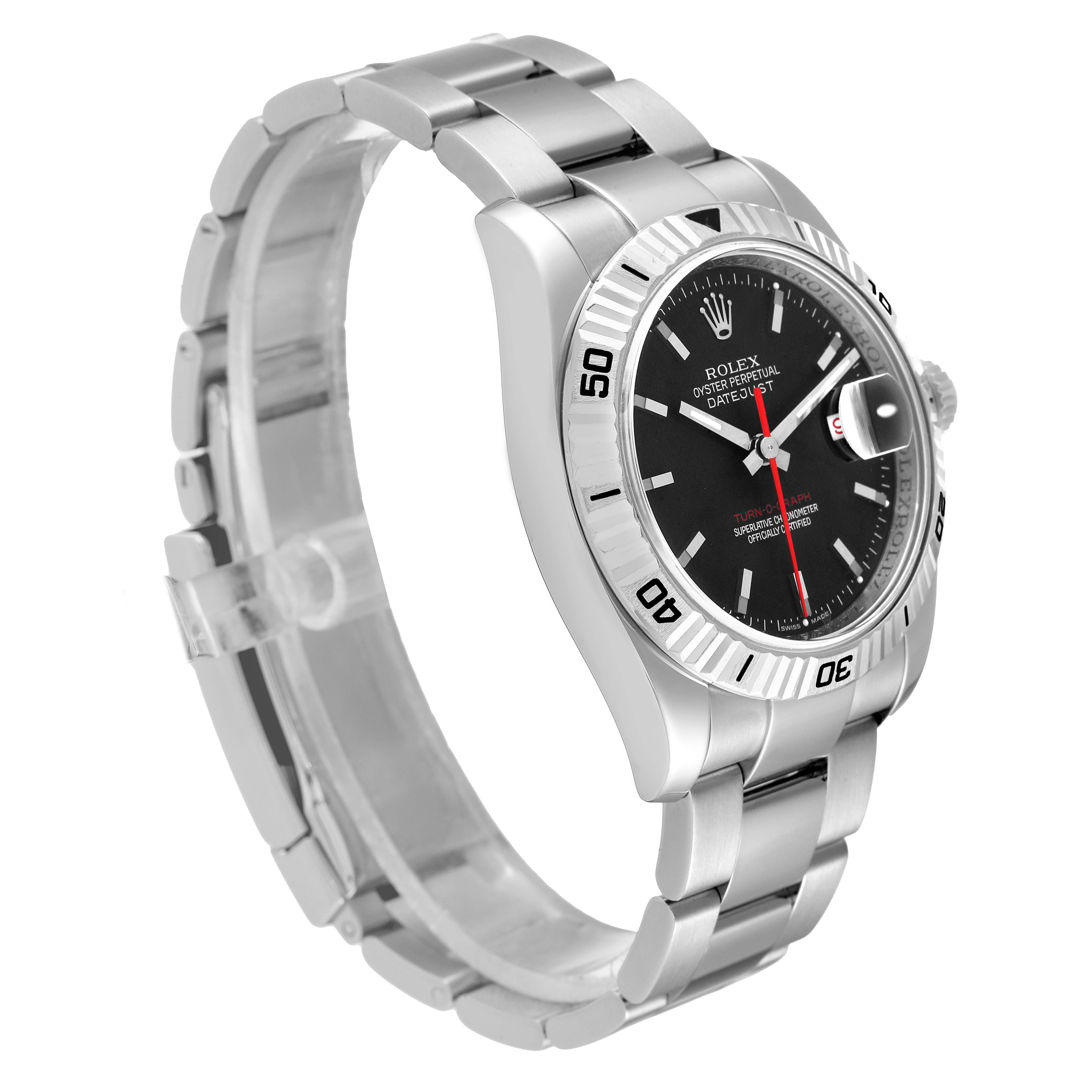 The Rolex Turn-o-Graph 116264 Men
s Stainless Steel Black Dial 116264 Men
s Stainless Steel Black Dial watch is shown at a side angle, highlighting the bracelet, case, bezel, and dial.