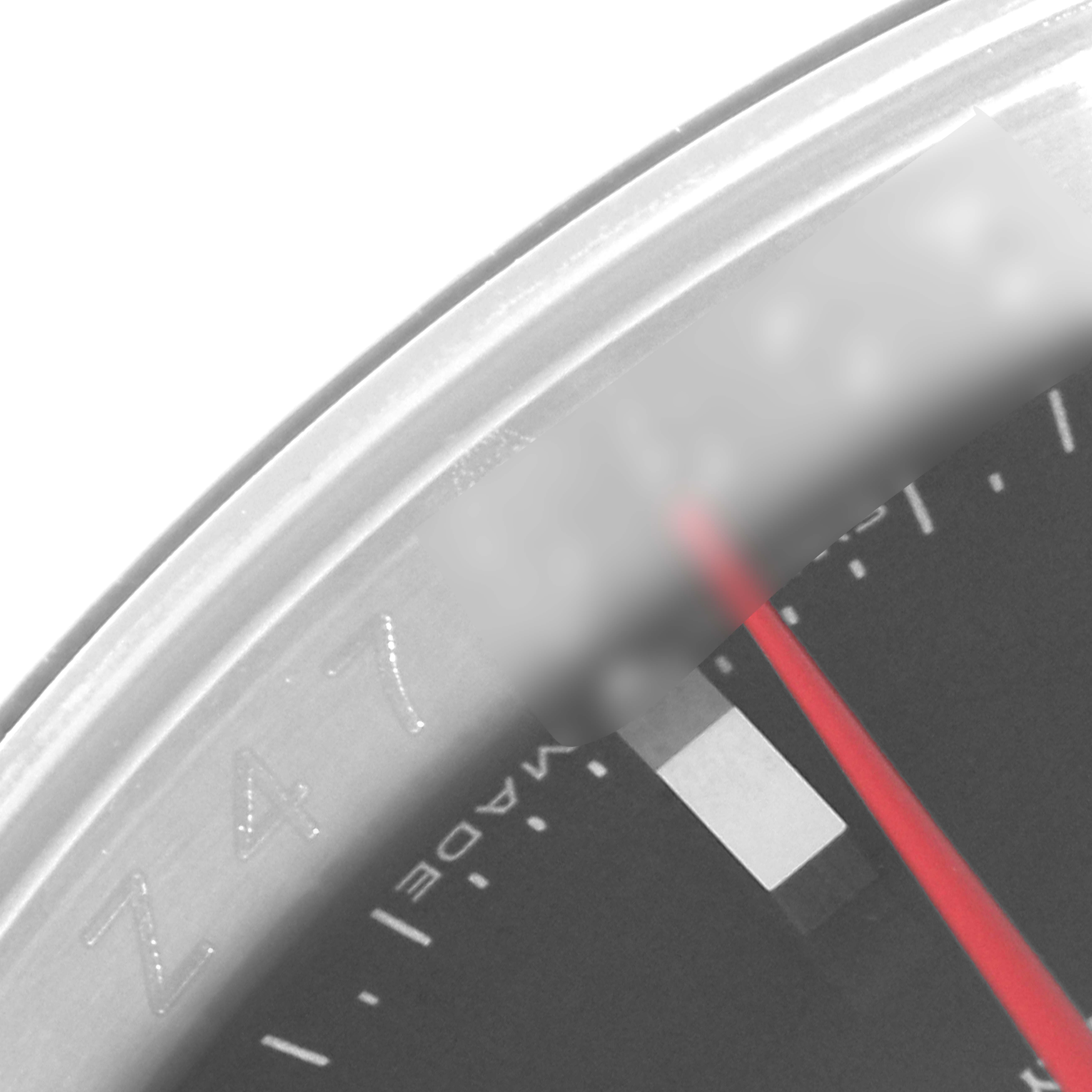This close-up image shows part of the dial and bezel of a Rolex Turn-o-Graph 116264 Men
s Stainless Steel Black Dial 116264 Men
s Stainless Steel Black Dial watch.