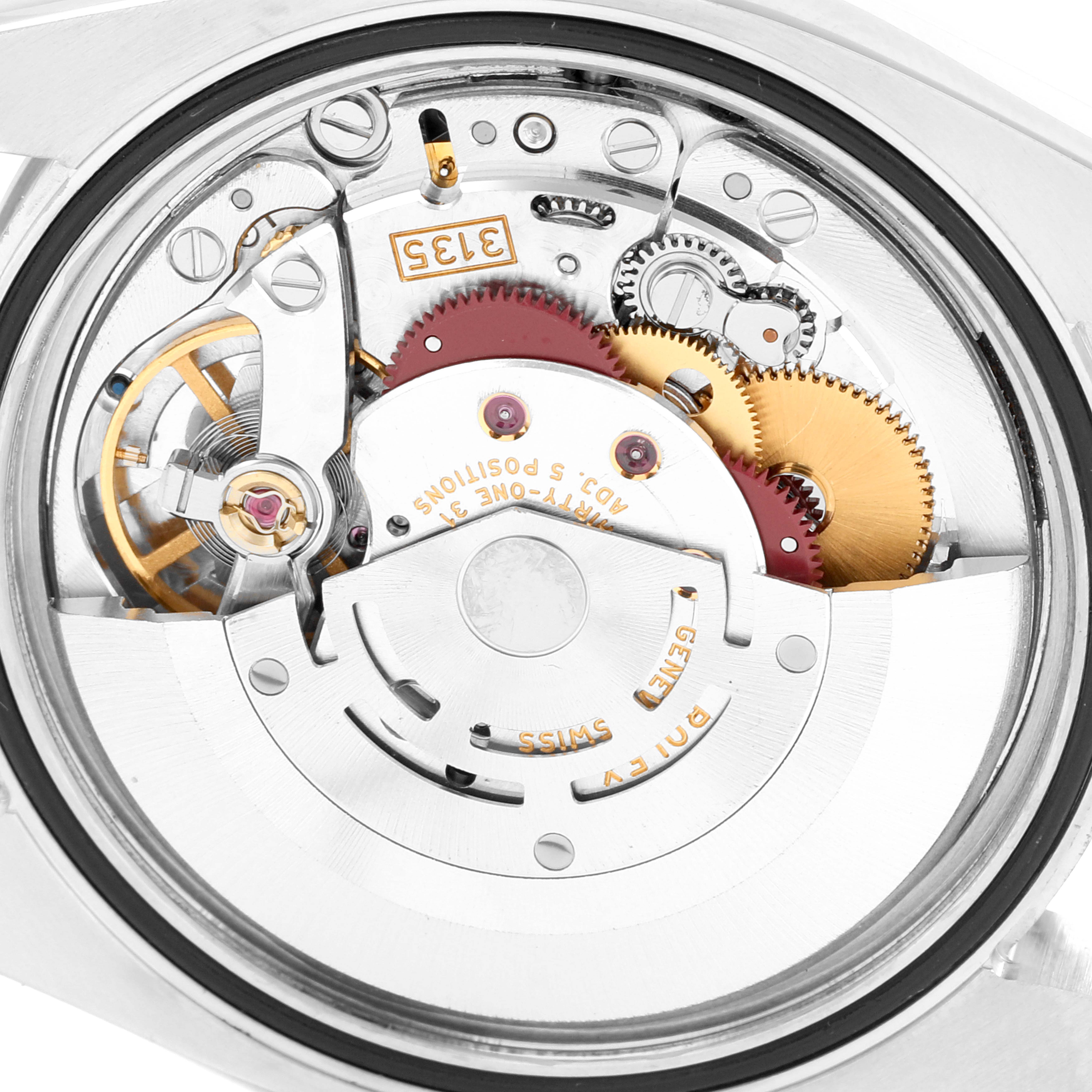 This image shows the internal mechanical movement of a Rolex Turn-o-Graph 116264 Men
s Stainless Steel Black Dial 116264 Men
s Stainless Steel Black Dial watch from the back.