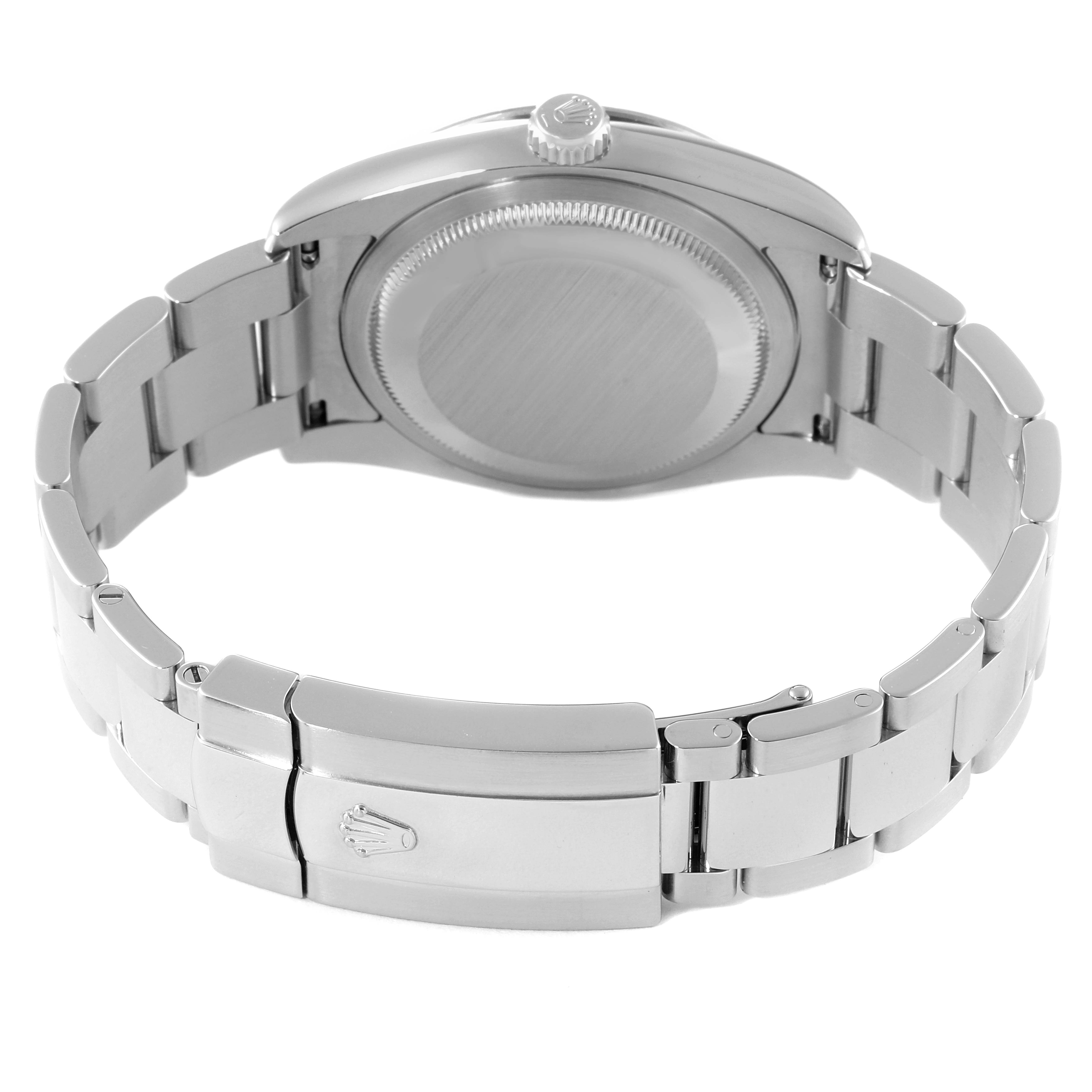 This image shows the back side of a Rolex Turn-o-Graph 116264 Men
s Stainless Steel Black Dial 116264 Men
s Stainless Steel Black Dial watch, highlighting the case back and stainless steel bracelet with clasp.