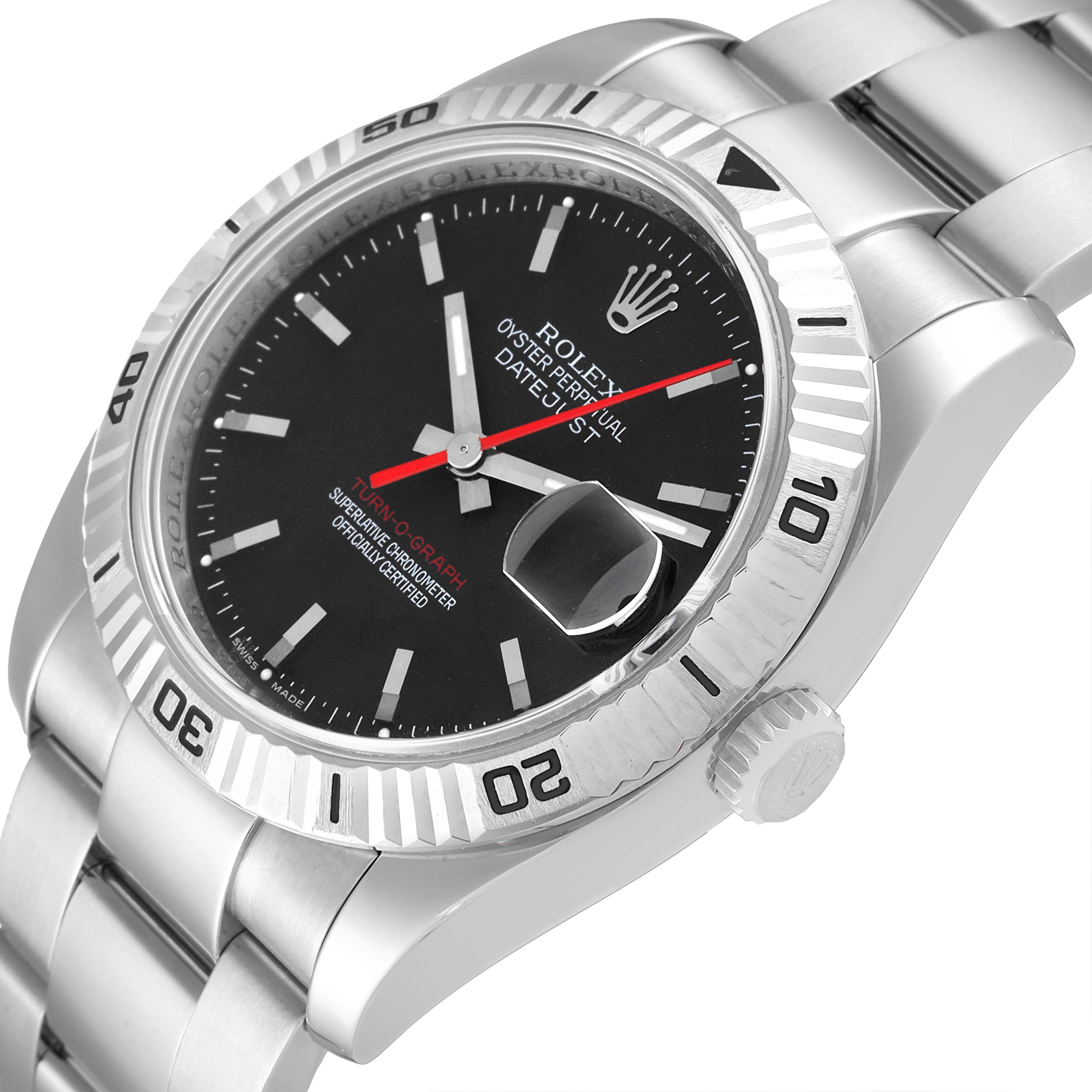 The image shows a Turn-o-Graph model by Rolex from an angled view, highlighting the watch face, bezel, and bracelet.