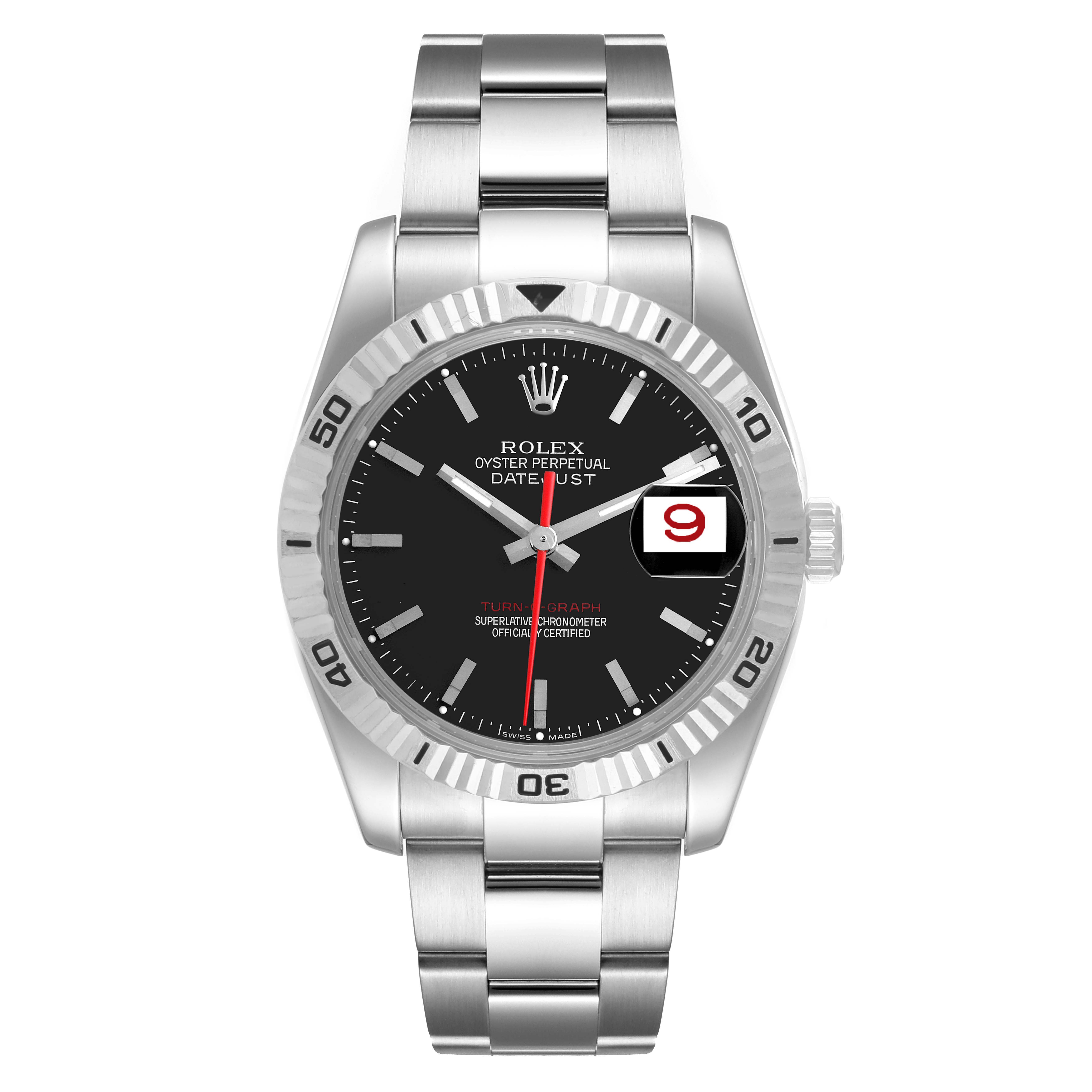 The image shows a front view of a Rolex Turn-o-Graph 116264 Men
s Stainless Steel Black Dial 116264 Men
s Stainless Steel Black Dial watch, highlighting its black dial, date window, and stainless steel bracelet.