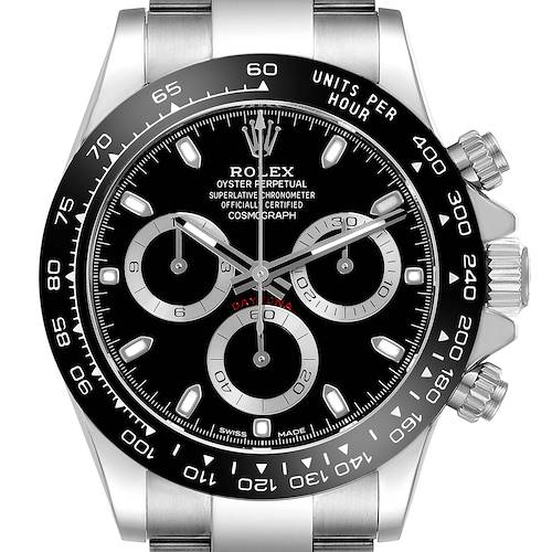 The Rolex Daytona watch is shown from a front angle, displaying its dial, bezel, pushers, and part of the bracelet.