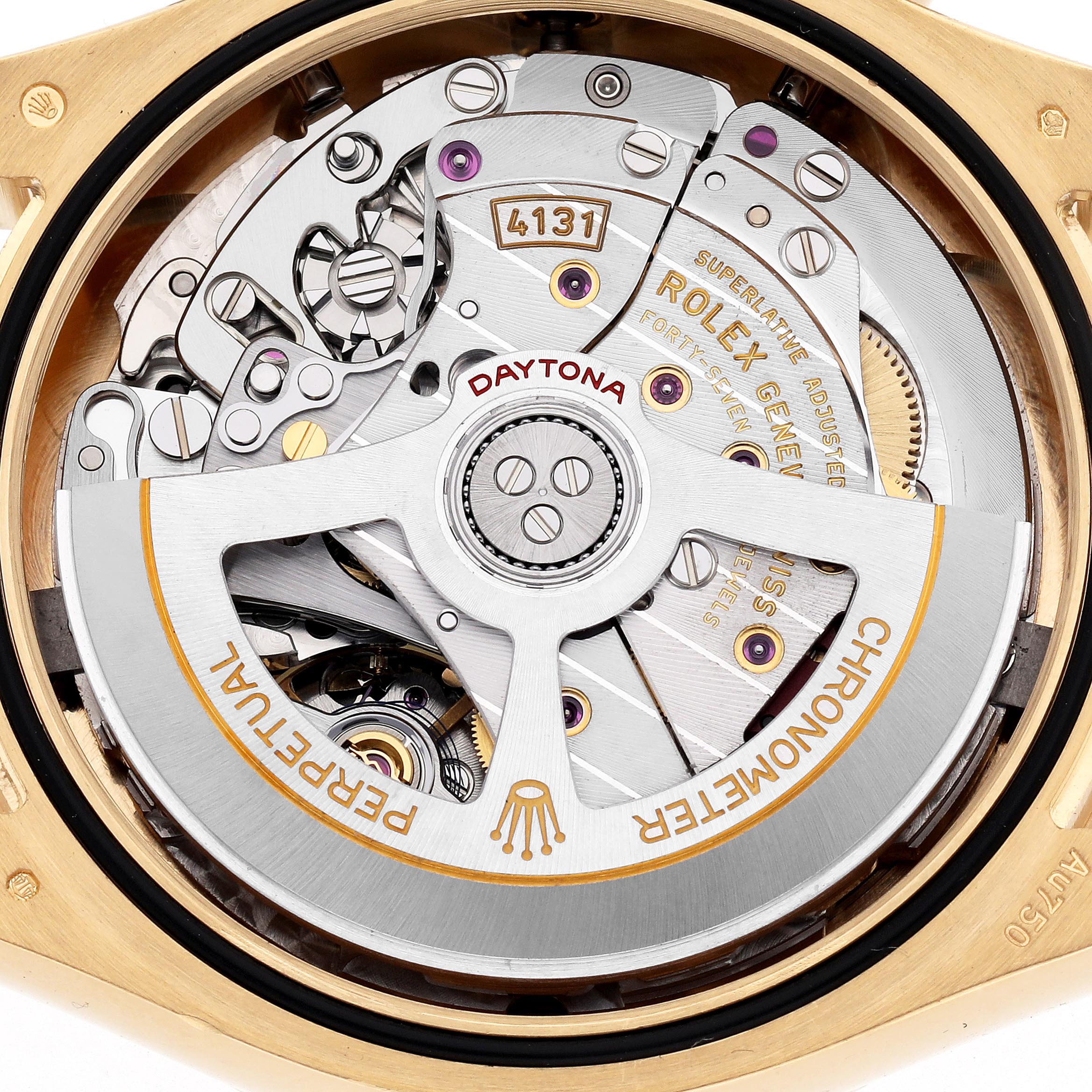 The image shows the movement mechanism of a Rolex Daytona 126508 Men
s Yellow Gold Black Dial 126508 Men
s Yellow Gold Black Dial watch, highlighting its intricate rotor and components.